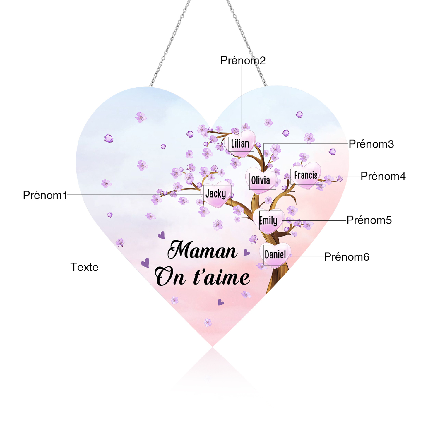 À Maman/Mamie - Veilleuse Cœur Décoration Arbre 6 Prénoms Personnalisés avec 1 Texte