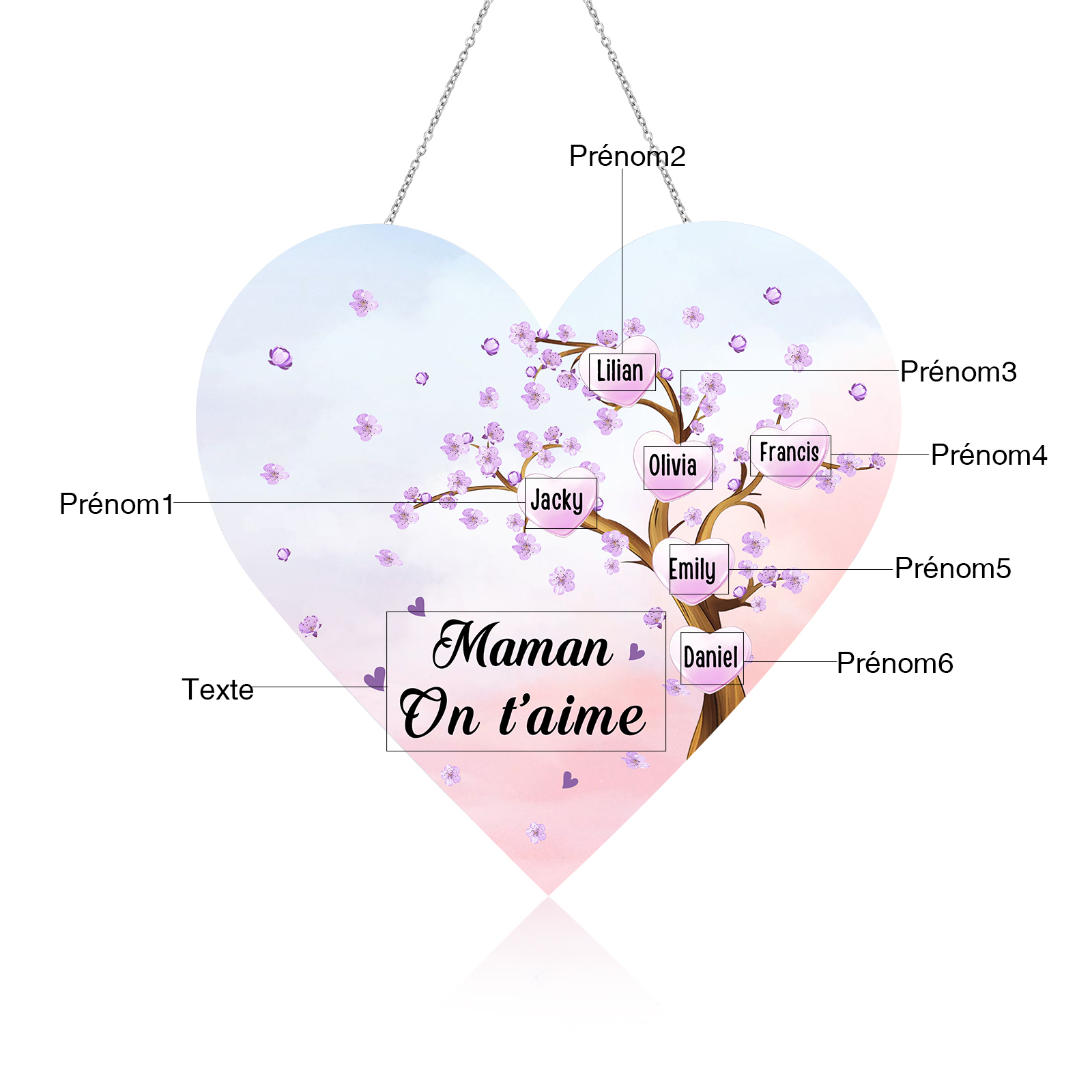 À Maman/Mamie - Veilleuse Cœur Décoration Arbre 6 Prénoms Personnalisés avec 1 Texte