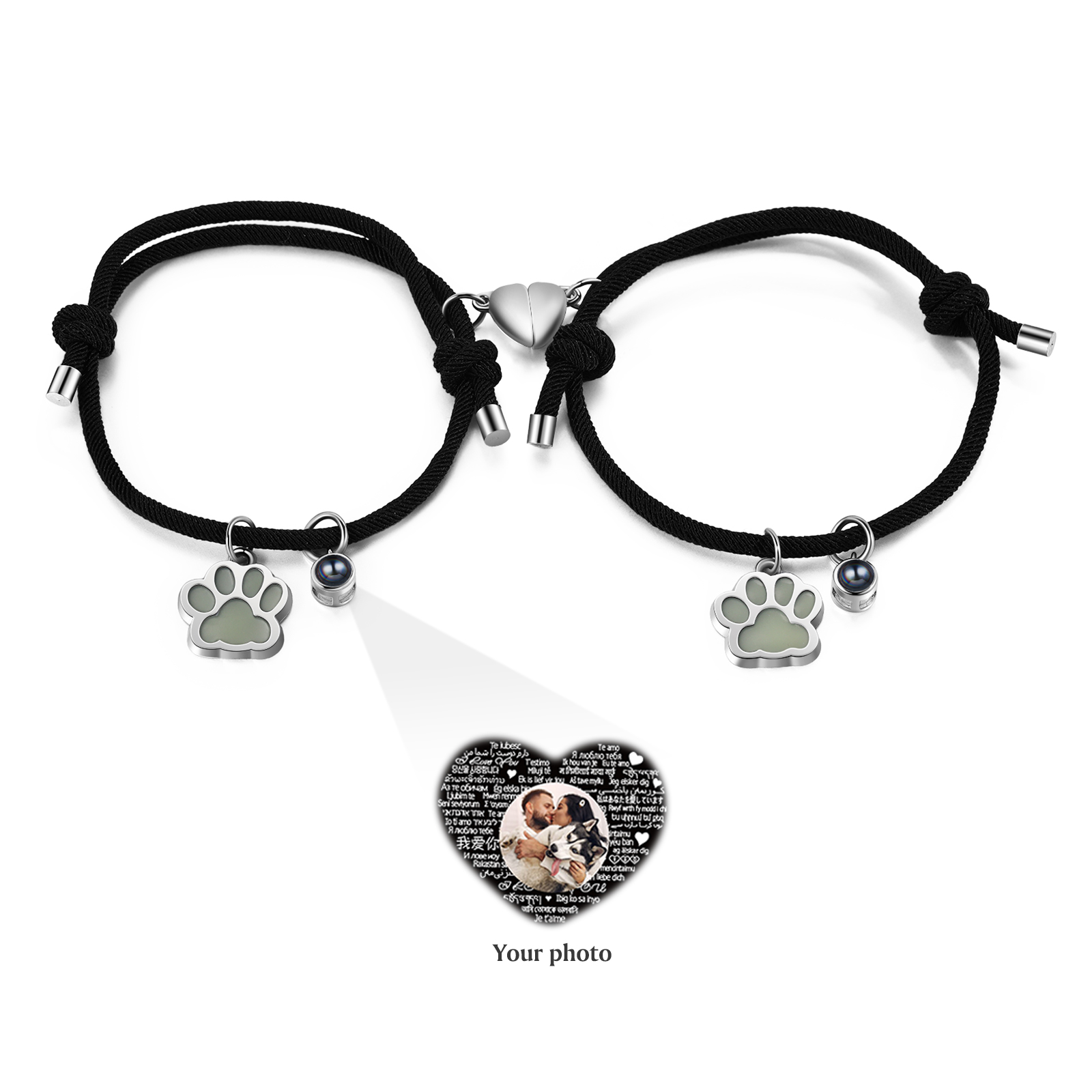2PCS Bracelets Projection de Pierres Photo Personnalisée pour Couple Bracelet Magnétique Fluorescent