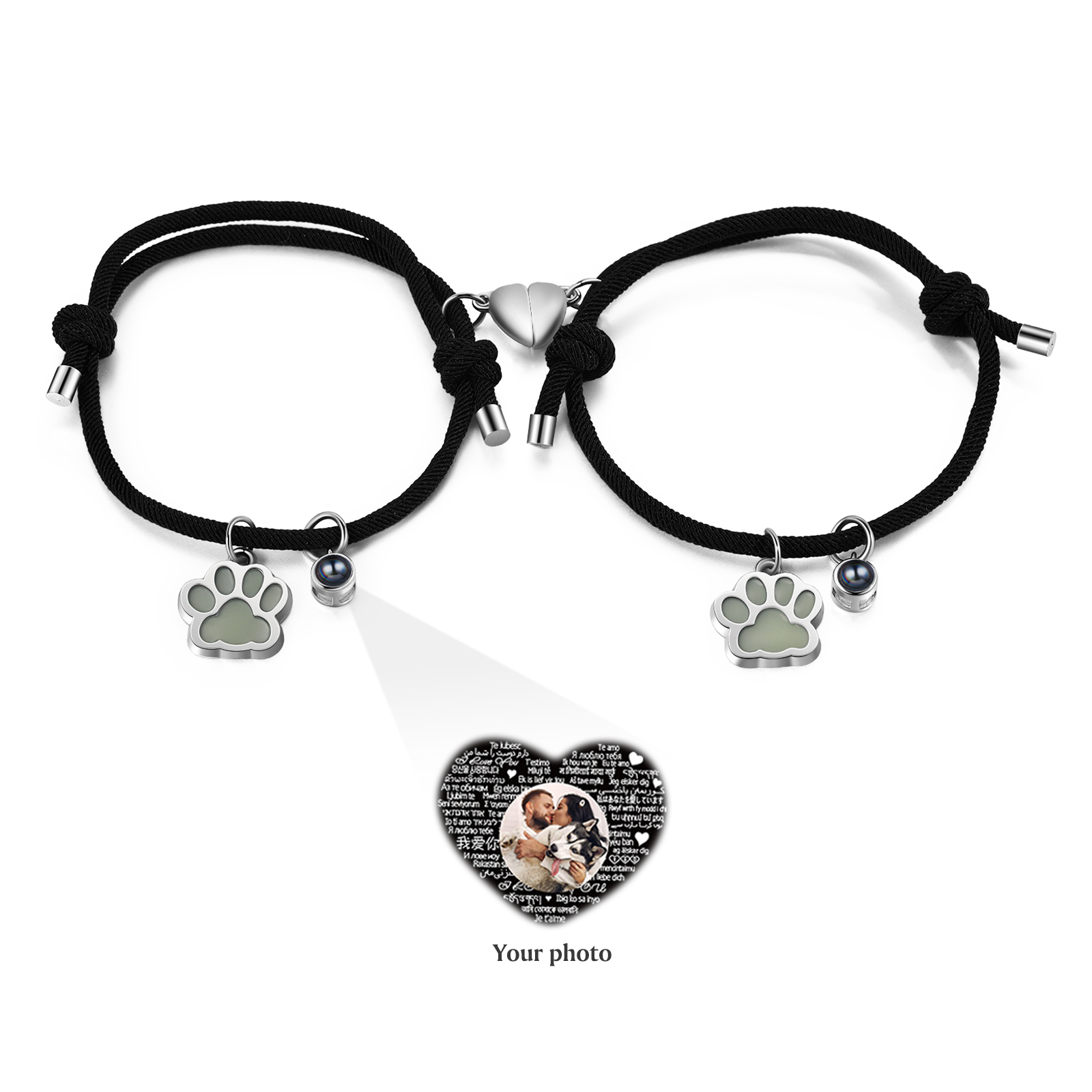 2PCS Bracelets Projection de Pierres Photo Personnalisée pour Couple Bracelet Magnétique Fluorescent