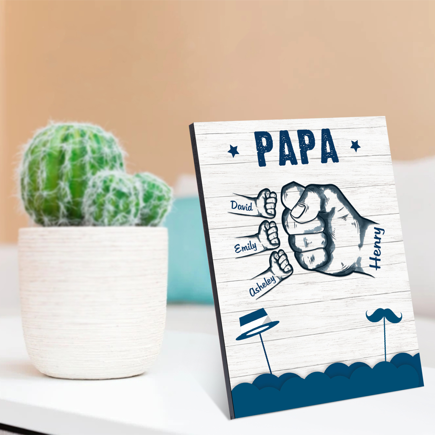 À Mon Papa/Papi-Cadre en Bois Poings 4 Prénoms Personnalisés avec Texte