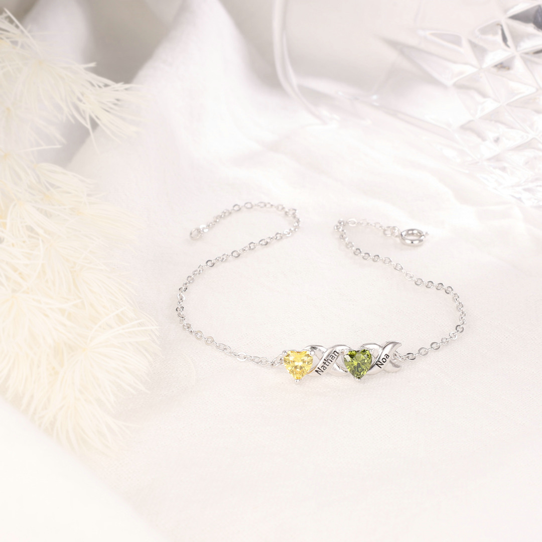 Bracelet à Breloque 2 Prénoms Personnalisé avec 2 Pierres de Naissance