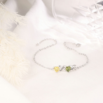 Bracelet à Breloque 2 Prénoms Personnalisé avec 2 Pierres de Naissance