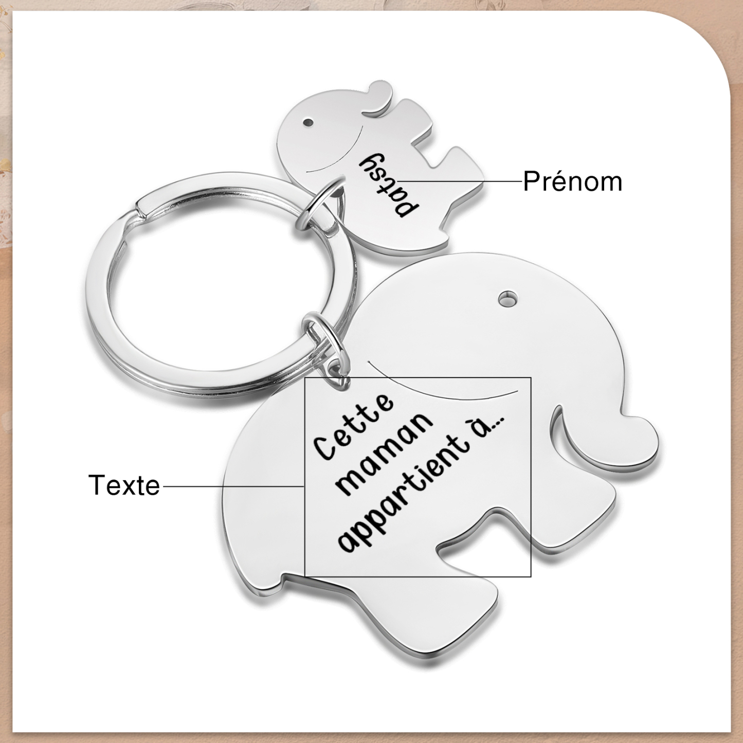 À Maman/Mamie - Porte-Clés Éléphant 1 Prénom Personnalisé avec Texte