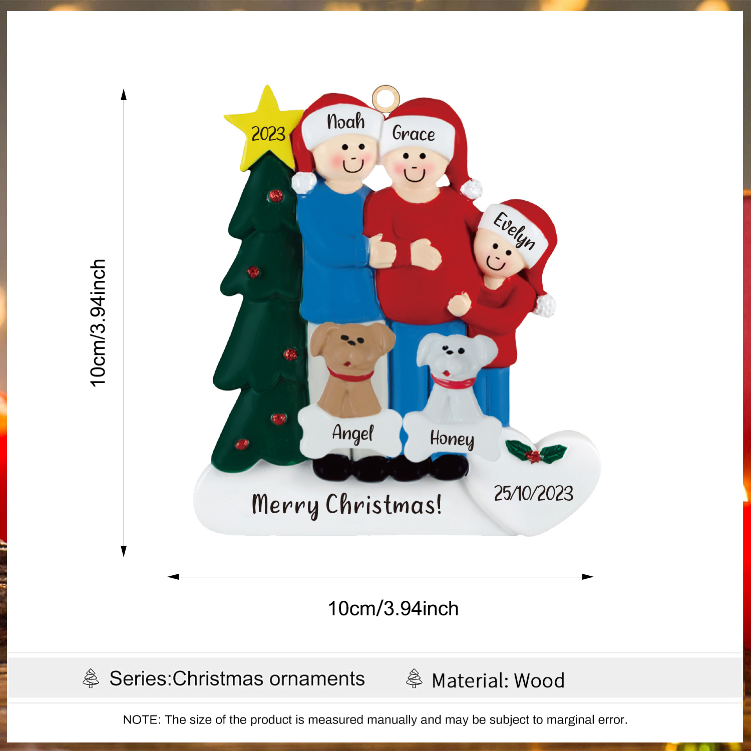 Ornements de Noël avec 3 Poupées et 2 Chiens 5 Prénoms et 2 Dates Personnalisés avec Texte