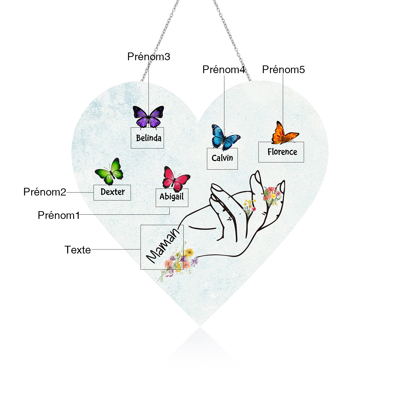 À Maman/Mamie - Veilleuse Cœur Décoration Main et Papillon 5 Prénoms Personnalisés avec 1 Texte