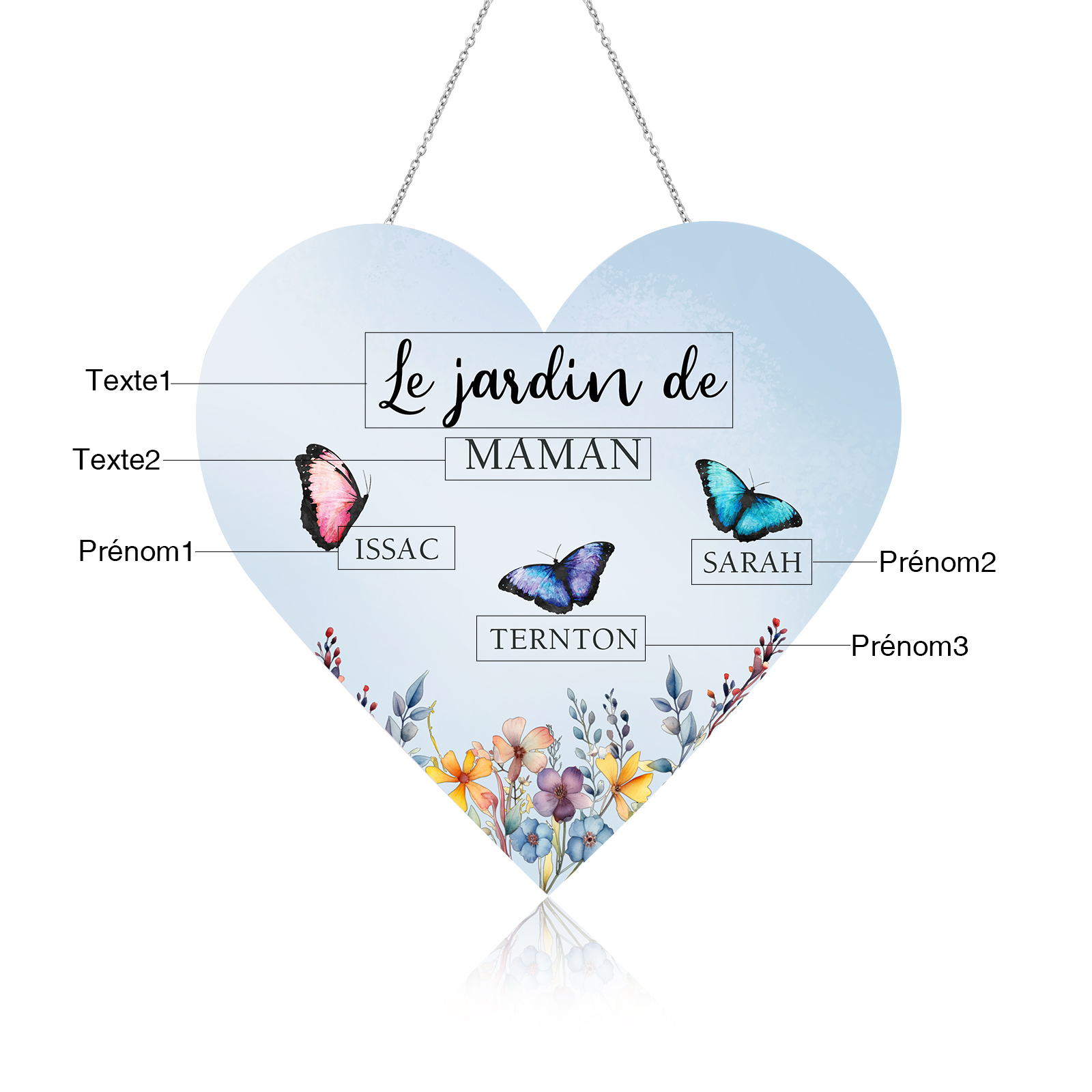 À Maman/Mamie - Veilleuse Cœur Décoration Fleur et Papillon 3 Prénoms Personnalisés avec 1 Texte