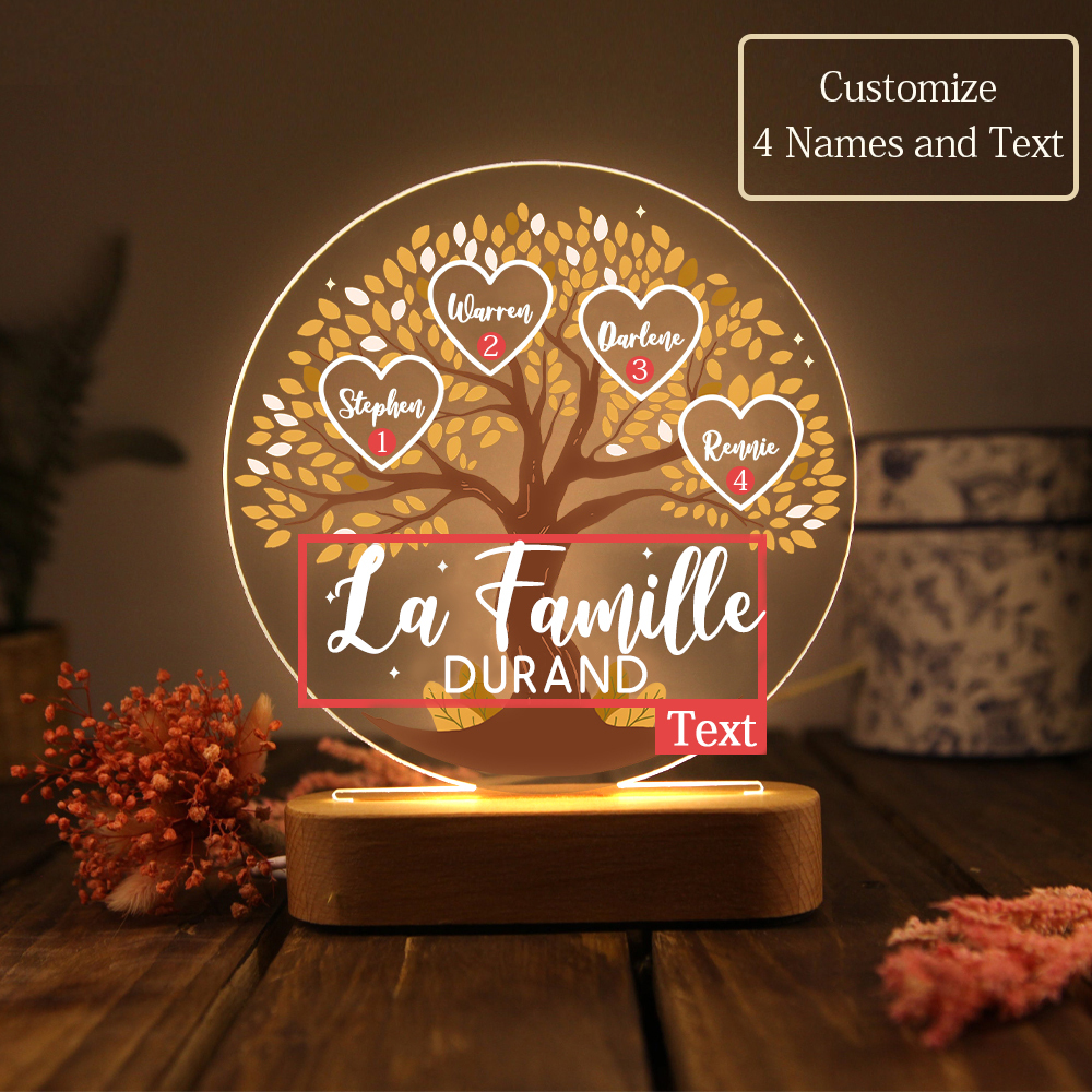Lampe de chevet Arbre de Vie LED Lumières 4 Prénoms et 1 Texte Personnalisés pour Famille