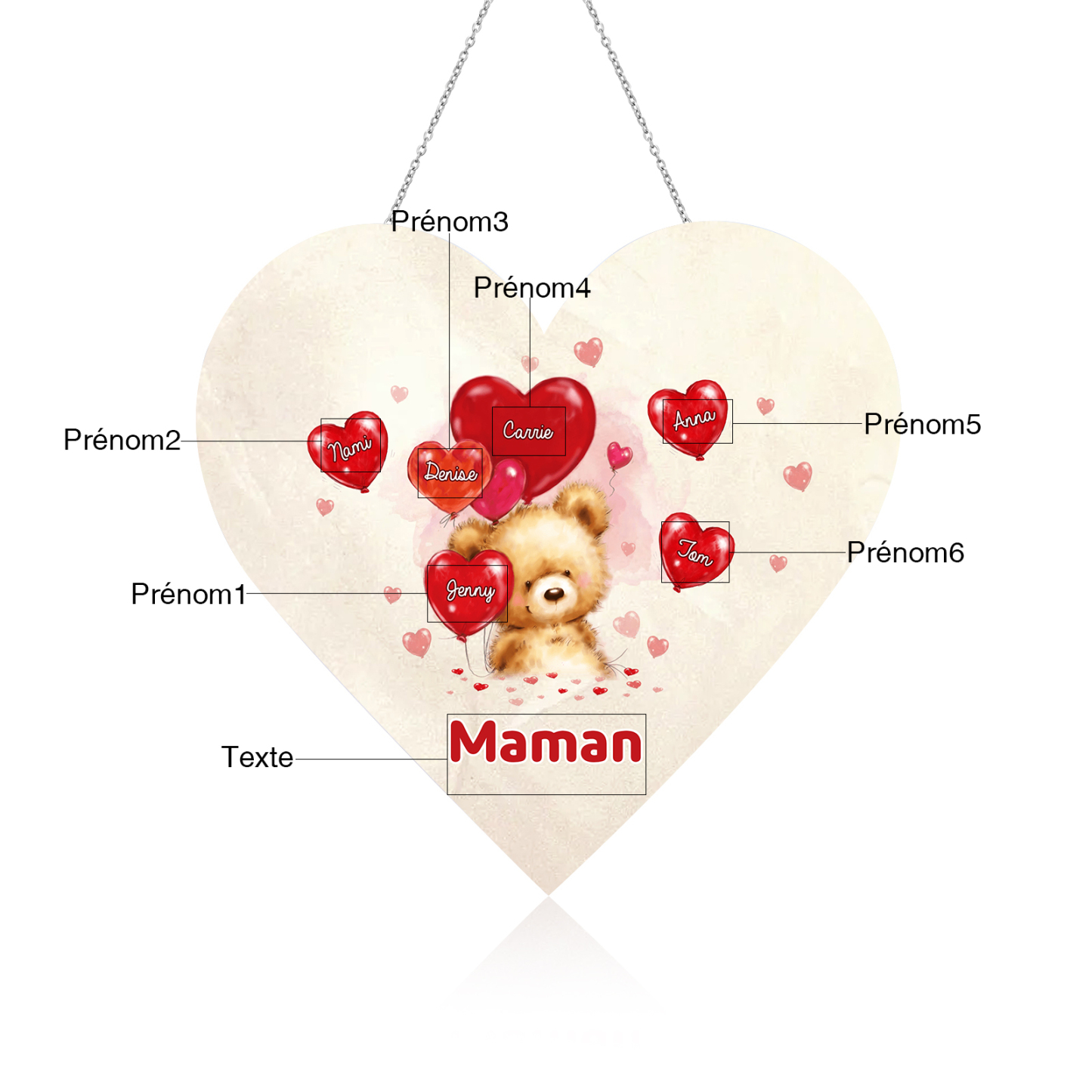 À Maman/Mamie - Veilleuse Cœur Décoration Ours 6 Prénoms Personnalisés avec 1 Texte