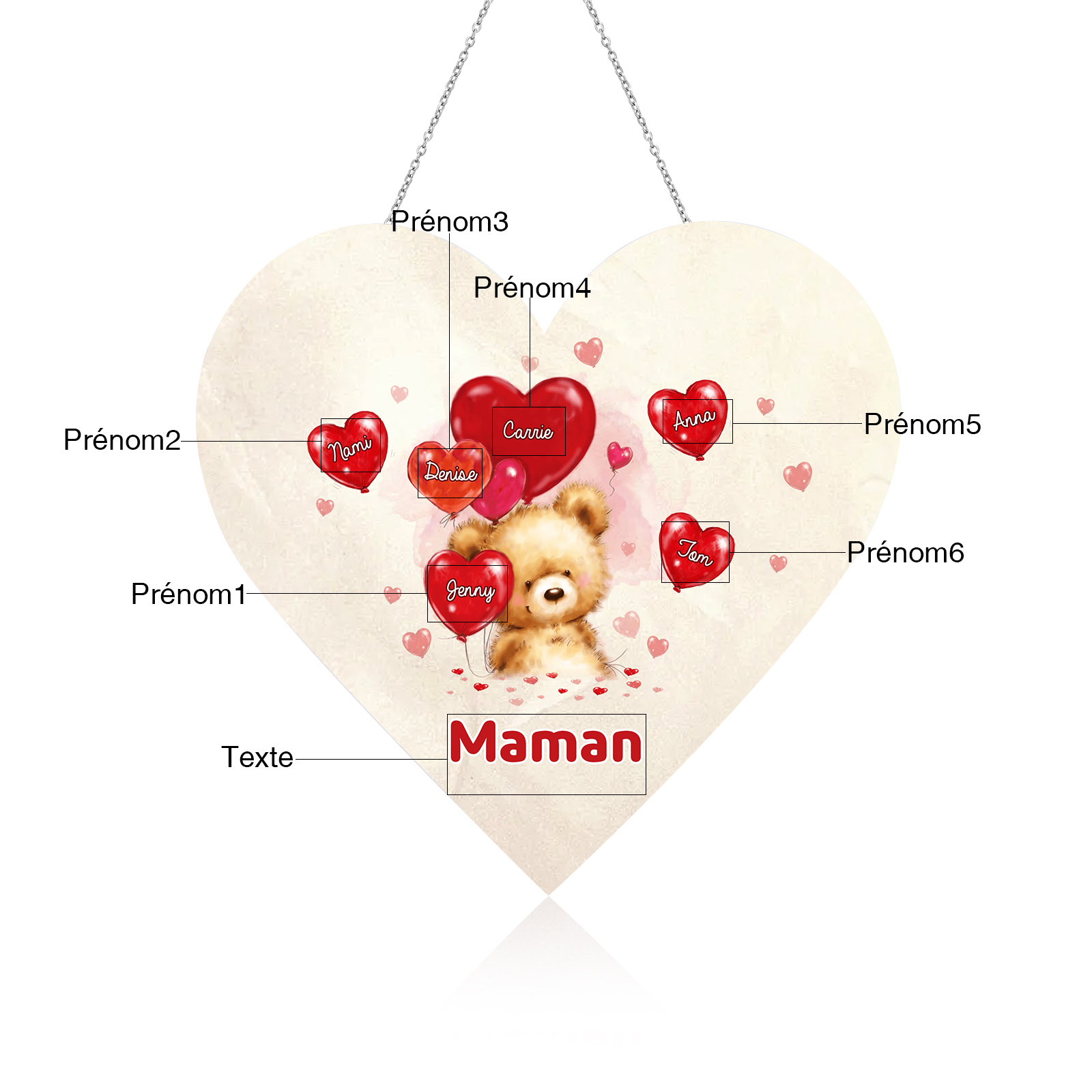À Maman/Mamie - Veilleuse Cœur Décoration Ours 6 Prénoms Personnalisés avec 1 Texte