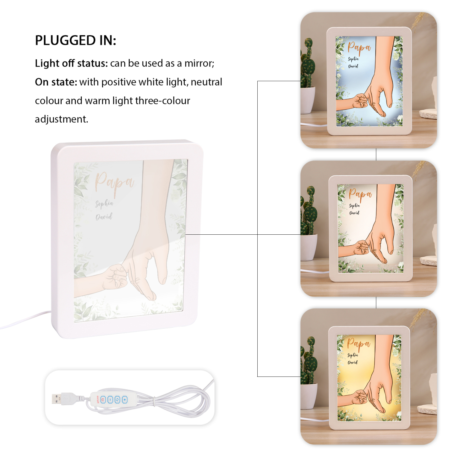 Lampe LED/Cadre Photo/Miroir multifonctionnel la main dans la main 2 Prénoms et 1 Tetxe Personnalisés Cadeau Créatif pour Famille