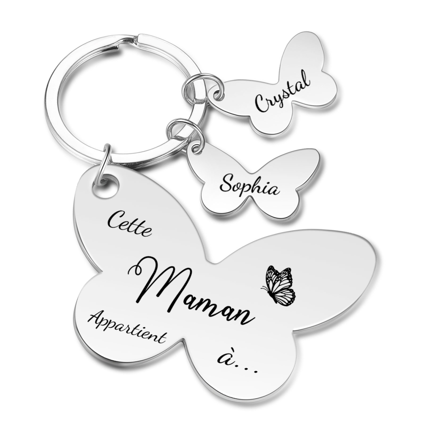 À Maman/Mamie - Porte-Clés Papillon 2 Prénoms Personnalisés avec Texte