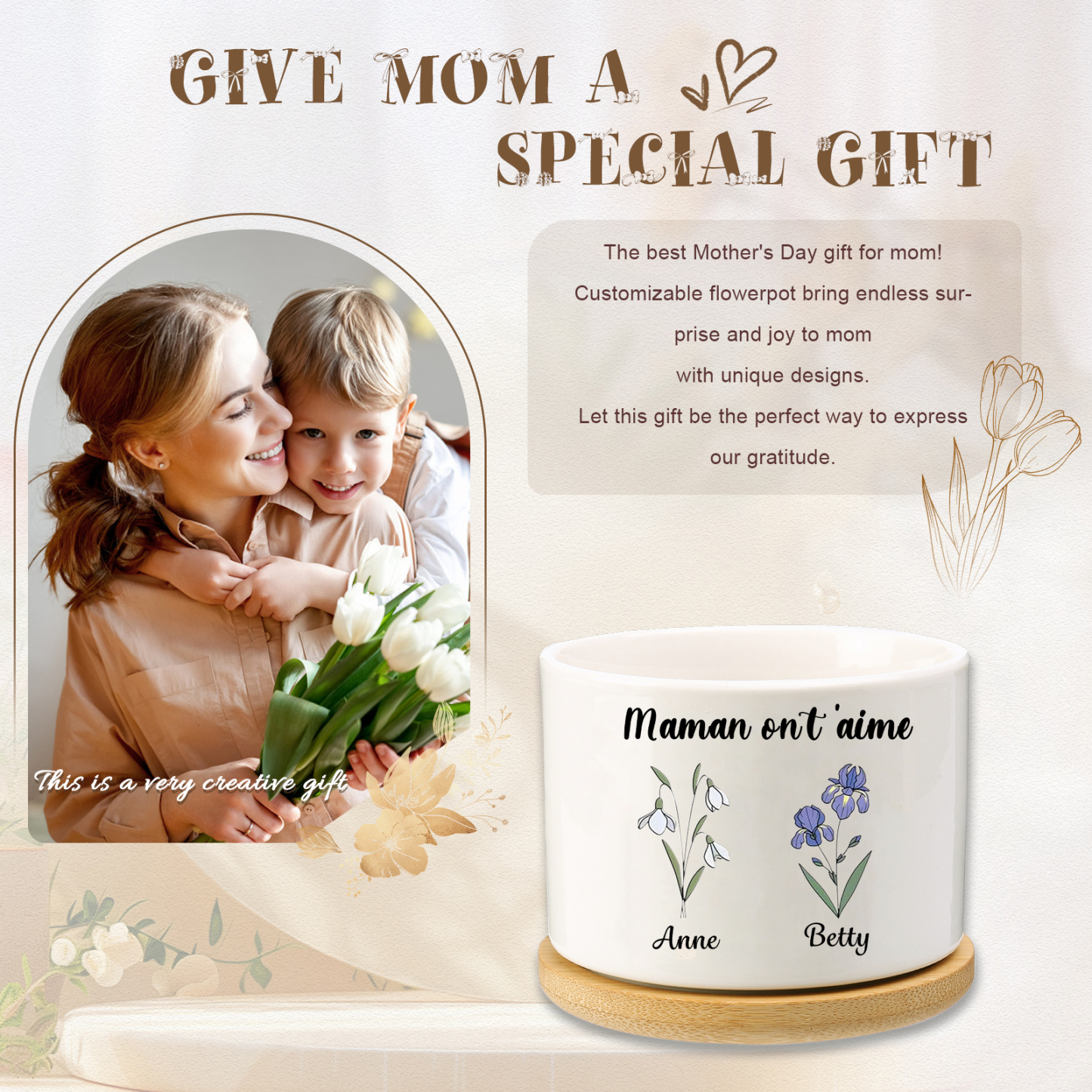 Vase/Pot de Fleurs 2 Prénoms et 1 Texte Personnalisés avec Fleur de Naissance Décoration de la Maison (sans plantes)