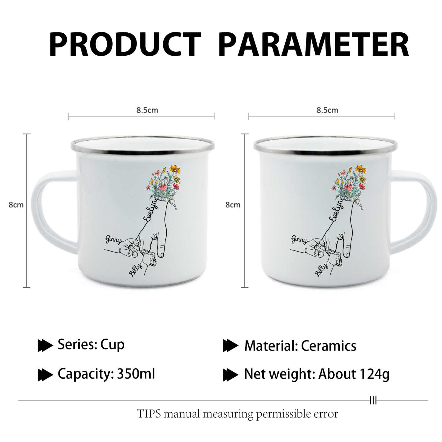À Maman/Mamie - Tasse émaillée la Main dans la Main 3 Prénoms Personnalisés