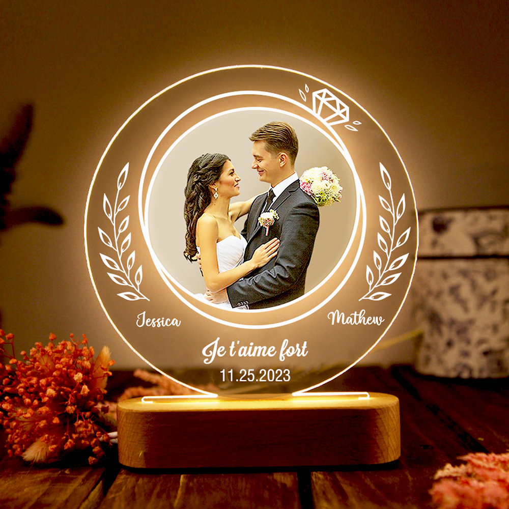 Lampe de chevet Couple LED Lumières 2 Prénoms et 1 Photo Personnalisés avec Date et Texte