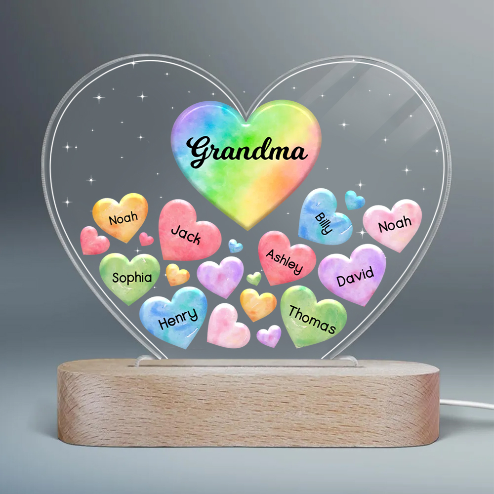 À Maman/Mamie - Lampe de chevet LED Cœurs 9 Prénoms Personnalisés avec 1 Texte