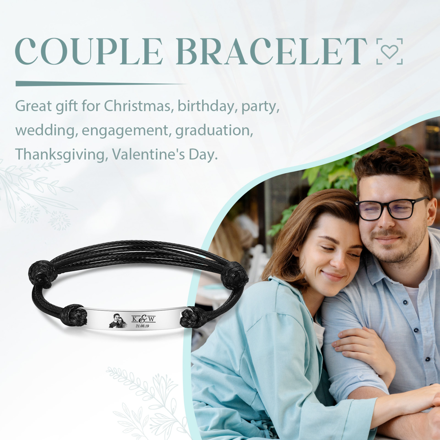 Bracelet Initiale 2 Lettres Personnalisées avec Photo et Date pour Couple｜Jessemade