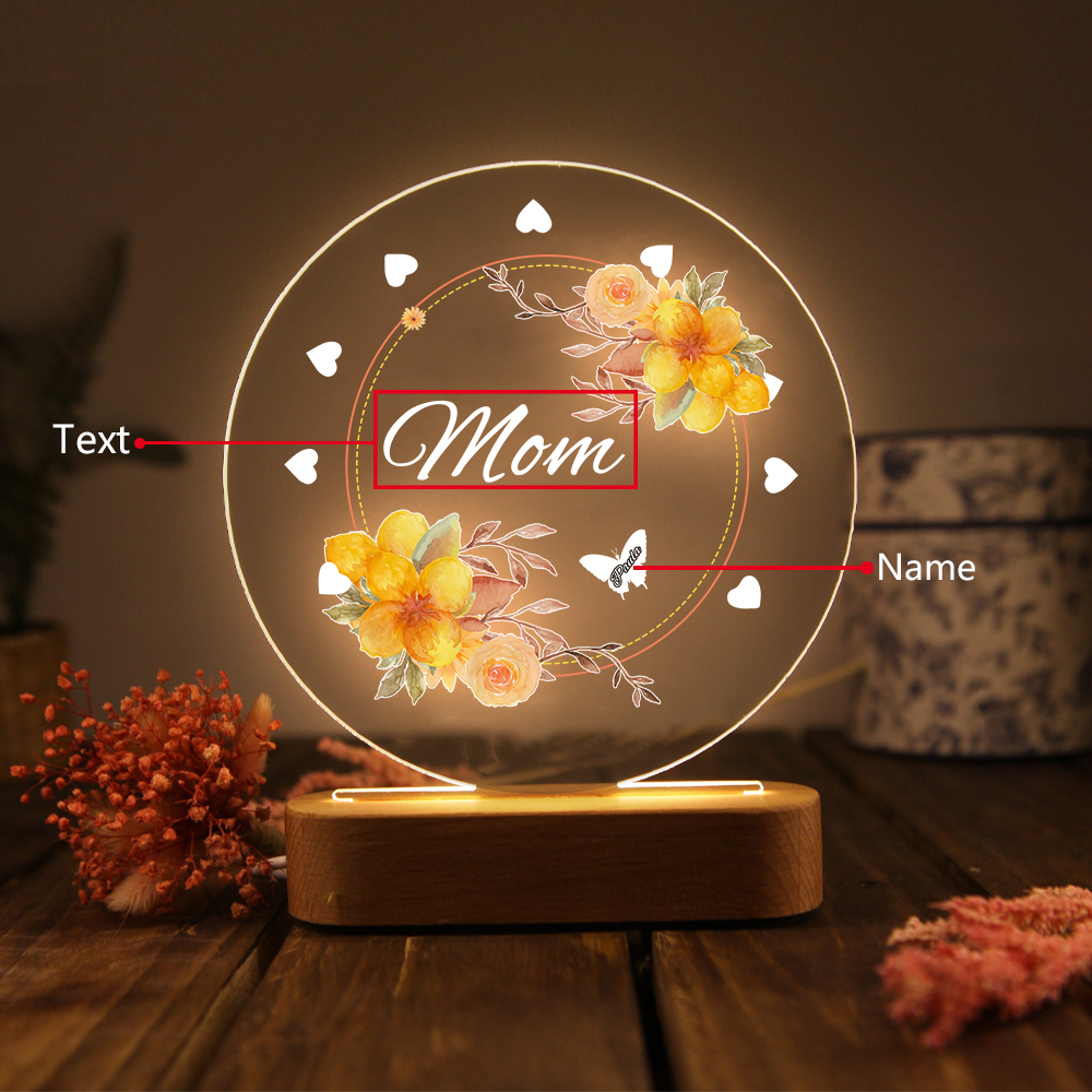 À Maman/Mamie - Lampe de chevet LED Fleurs et Papillons 1 Prénom Personnalisé avec 1 Texte