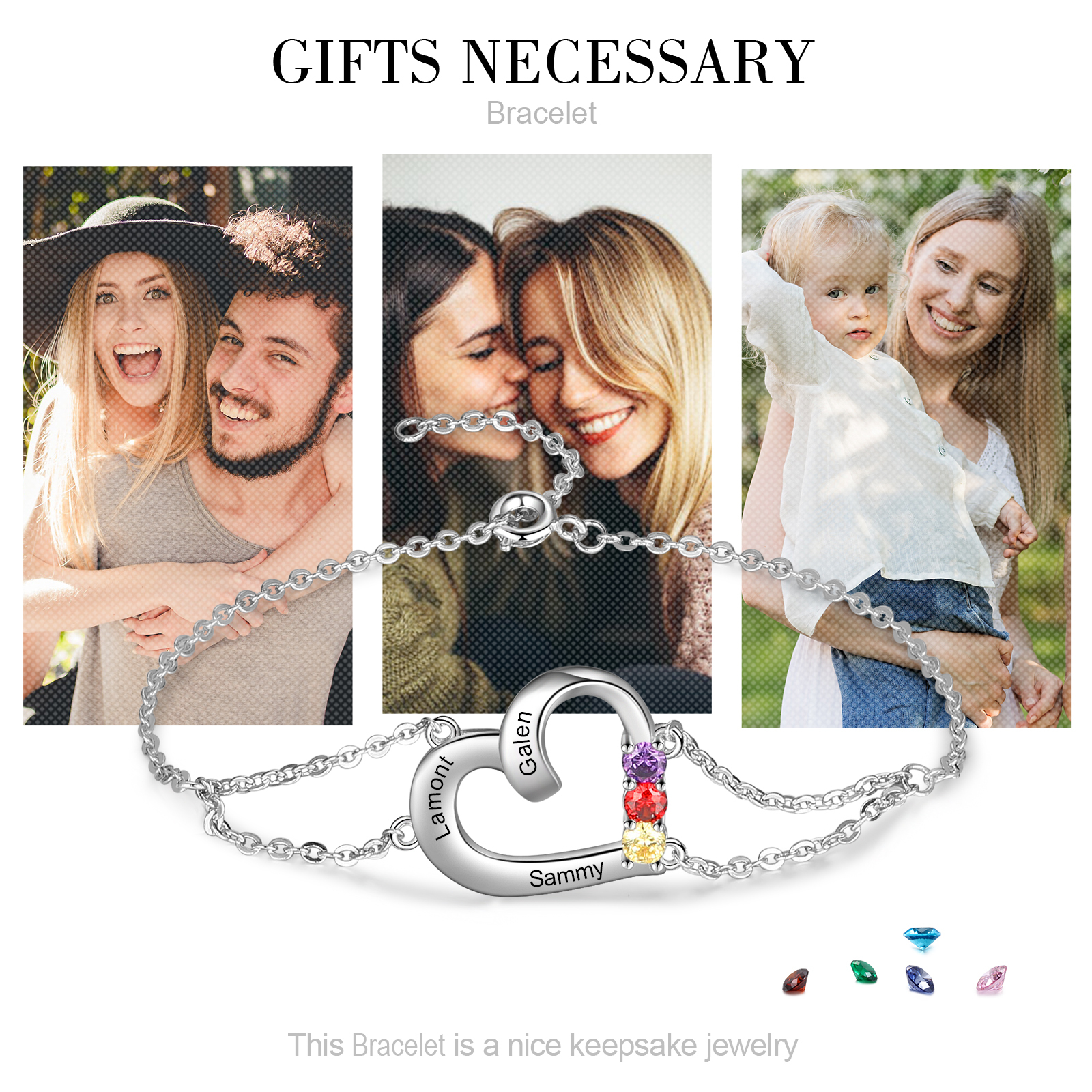 Bracelet 3 Prénom Personnalisé avec 3 Pierre de Naissance Bracelet de cheville