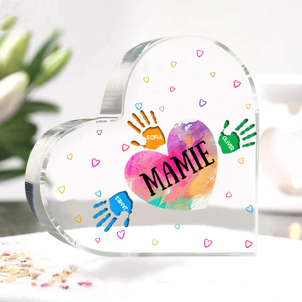 À ma Maman/Mamie - Plaque Acrylique Mains et Enfants en Forme de Cœur 4 Prénoms Personnalisés