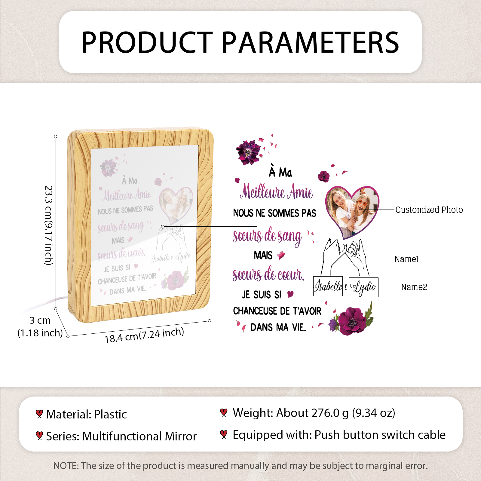 À ma Meilleure Amie - Cadre Photo/Miroir LED multifonctionnel 2 Prénoms Personnalisés avec 1 Photo