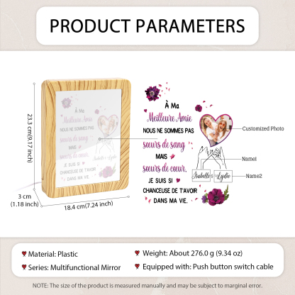 À ma Meilleure Amie - Cadre Photo/Miroir LED multifonctionnel 2 Prénoms Personnalisés avec 1 Photo