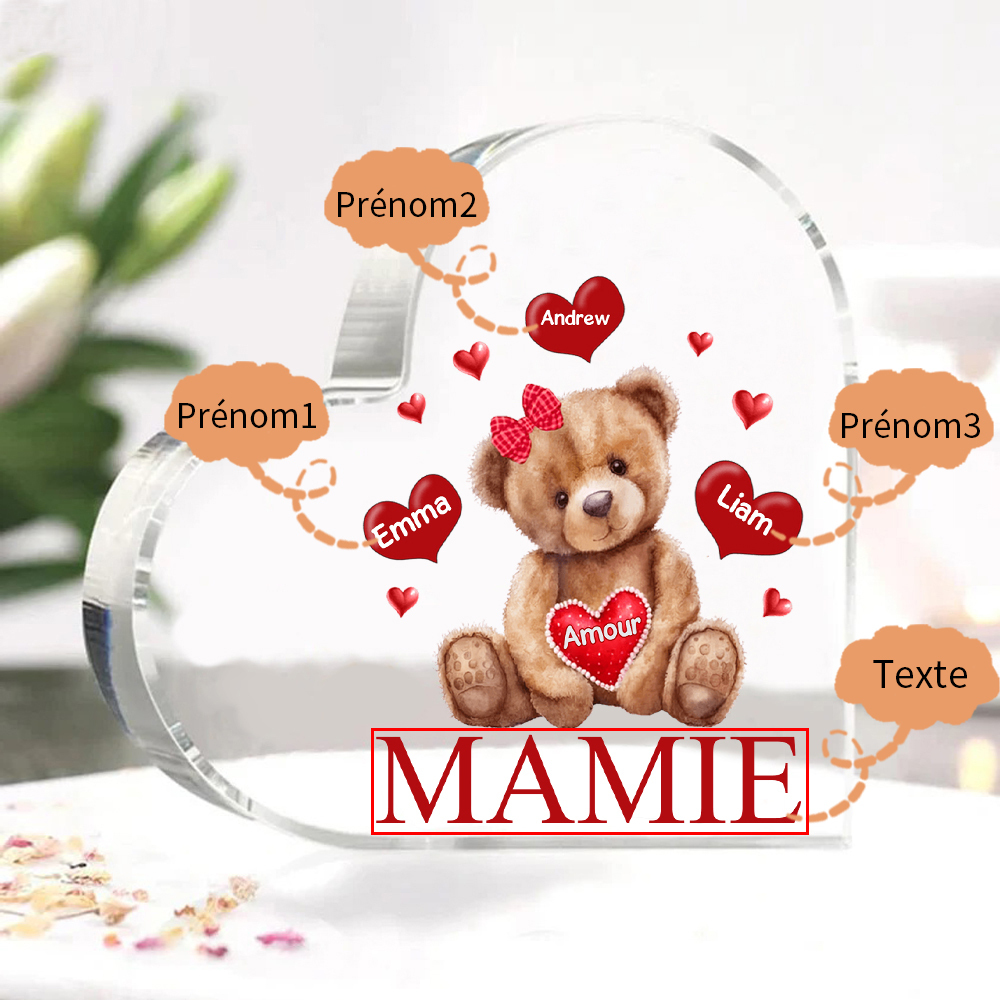 À ma Maman/Mamie - Plaque Acrylique Ours en Forme de Cœur 3 Prénoms Personnalisés avec 1 Texte