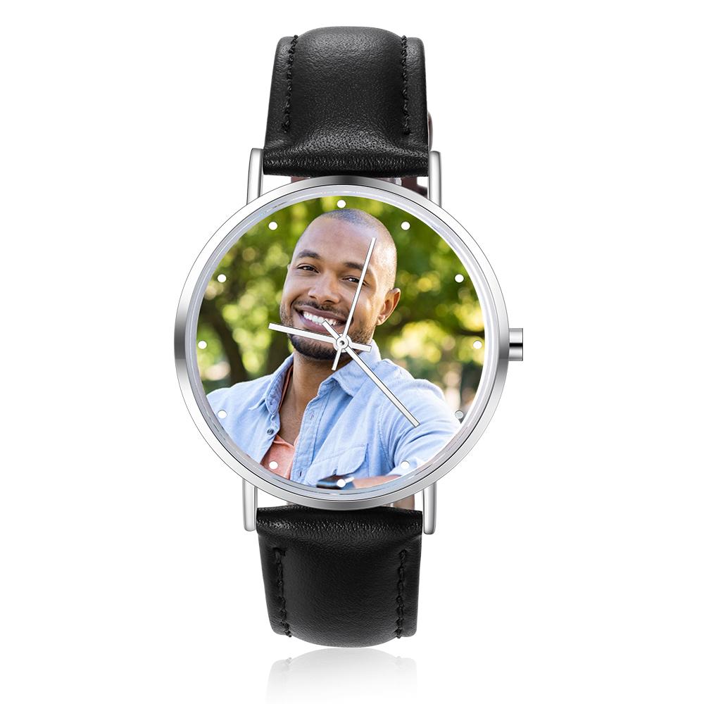 Montre Personnalisée Photo avec Gravure du prénom ou Message Bracelet en Cuir