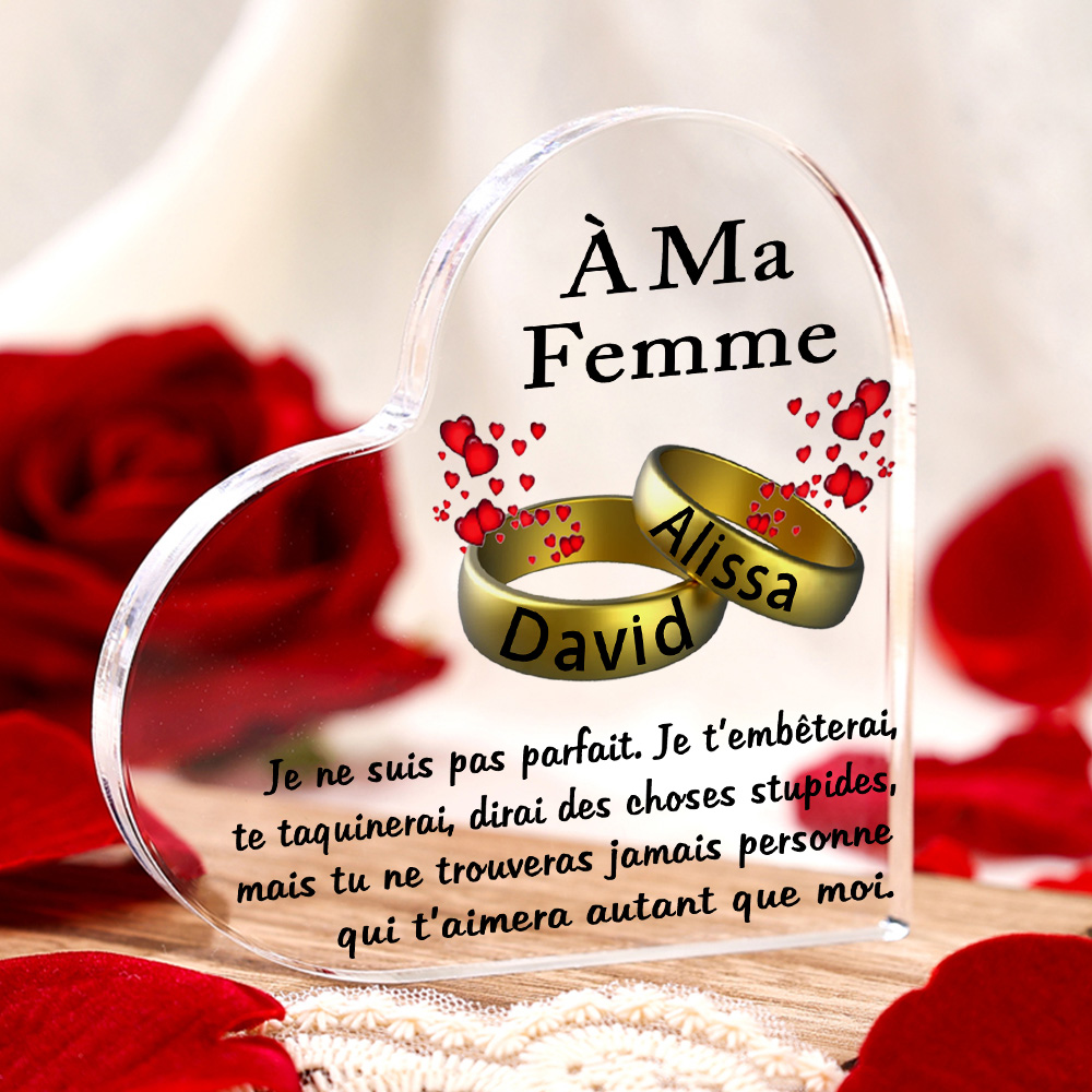 À Ma Femme-Plaque Acrylique en Forme de Cœur 2 Prénoms Personnalisés