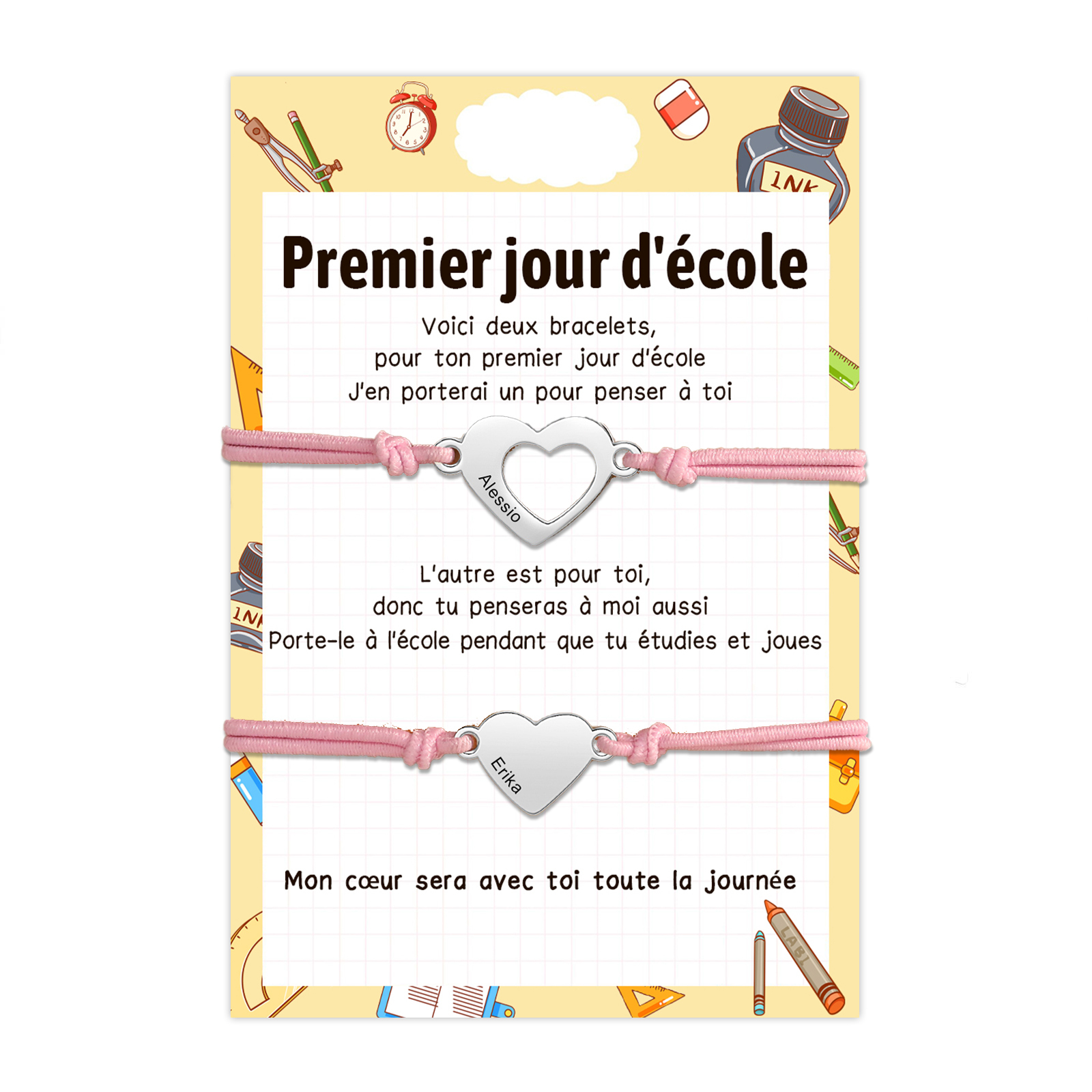 2PCS Bracelets Cœur 2 Prénoms Personnalisés Bracelet en Commun Cadeau Rentrée Scolaire｜Jessemade