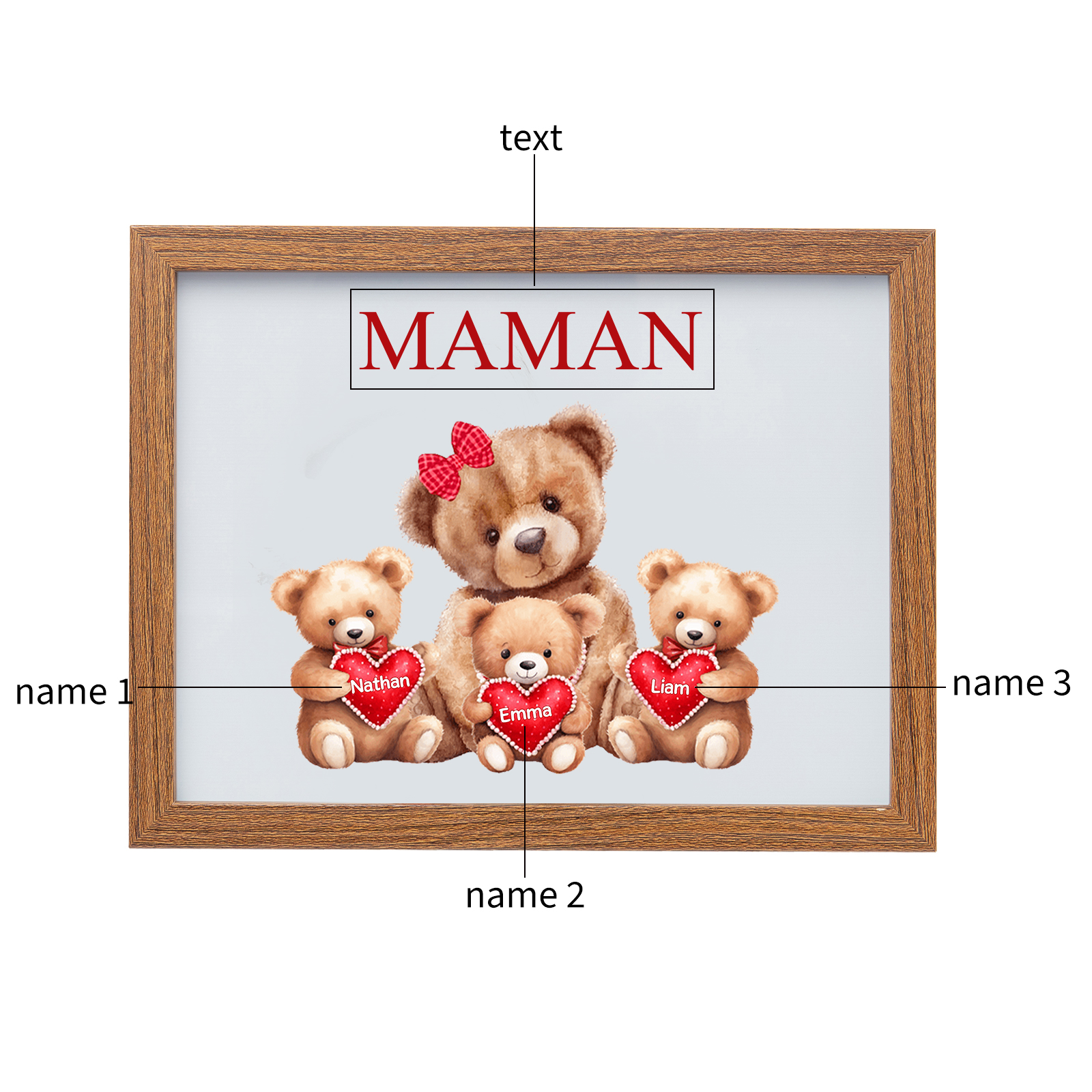 Cadre Photo LED Ours 3 Prénoms Personnalisés avec 1 Texte Décoration Famille