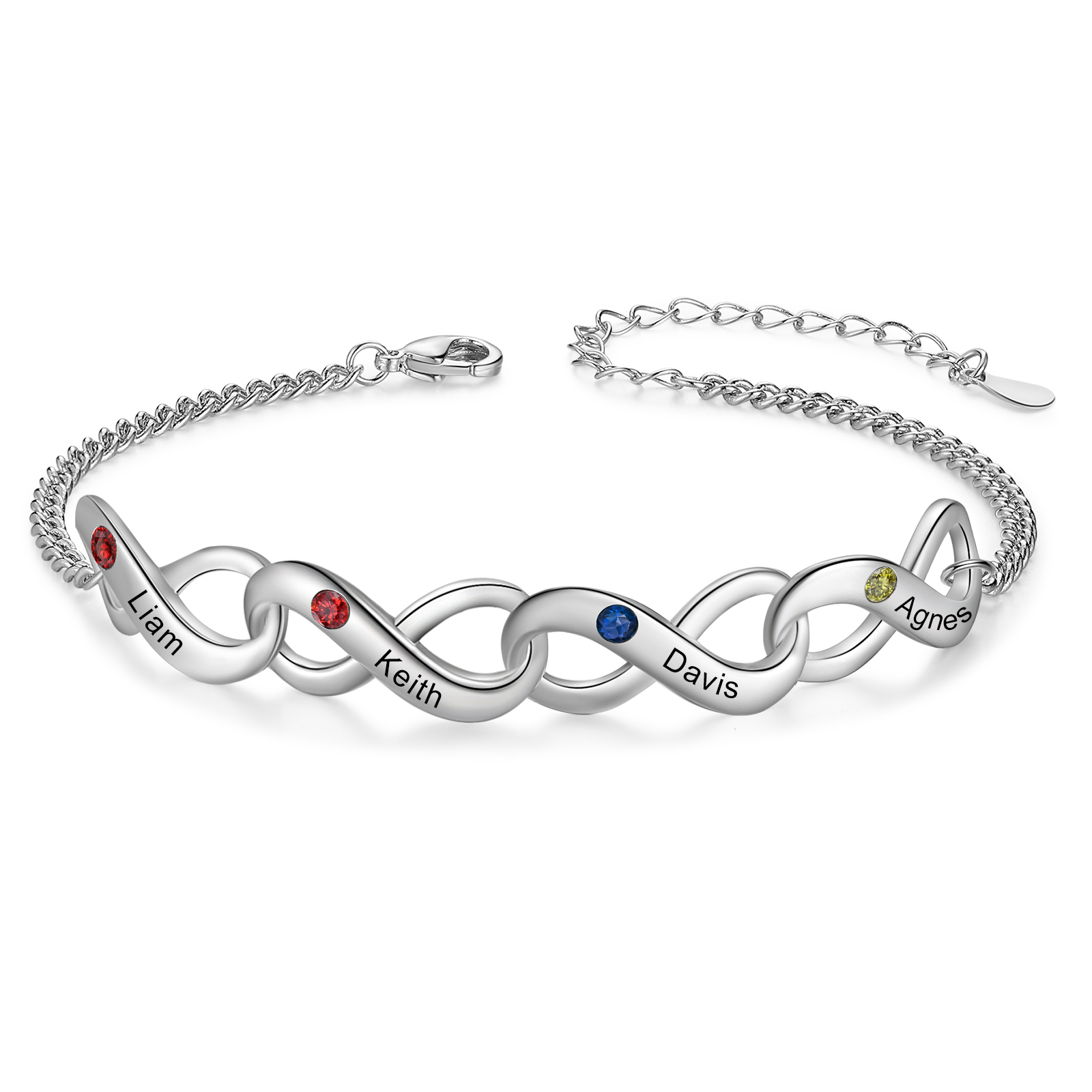 Bracelet Infini 4 Prénoms Personnalisés avec Pierres de Naissance pour Femme