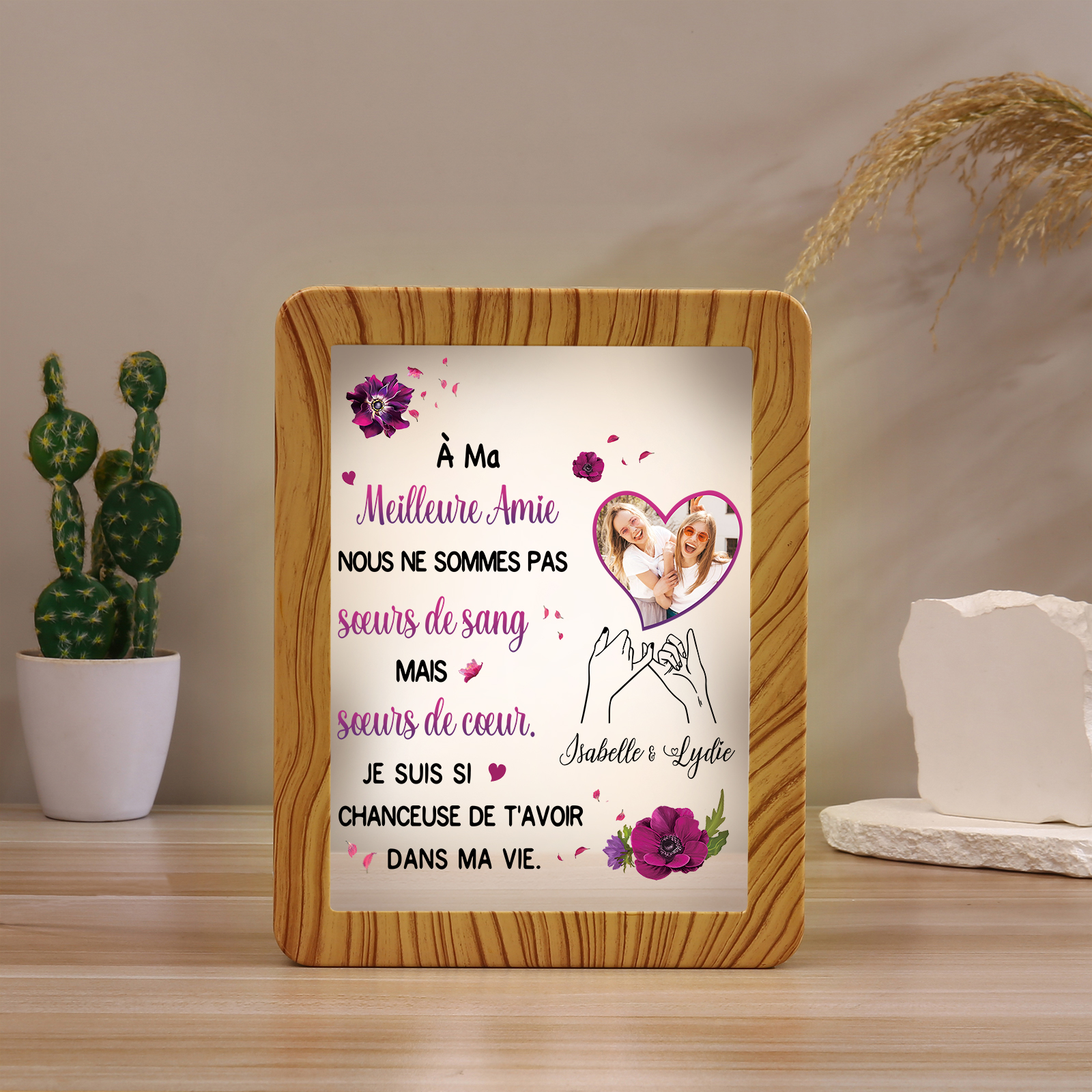 À ma Meilleure Amie - Cadre Photo/Miroir LED multifonctionnel 2 Prénoms Personnalisés avec 1 Photo