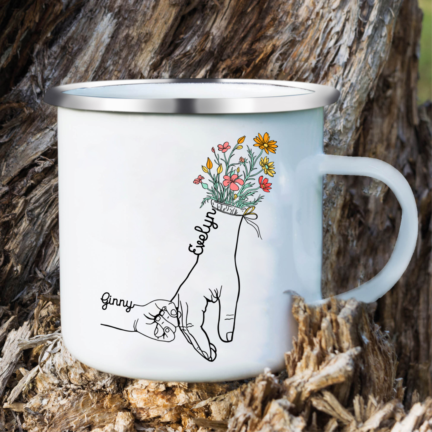 À Maman/Mamie - Tasse émaillée la Main dans la Main 2 Prénoms Personnalisés