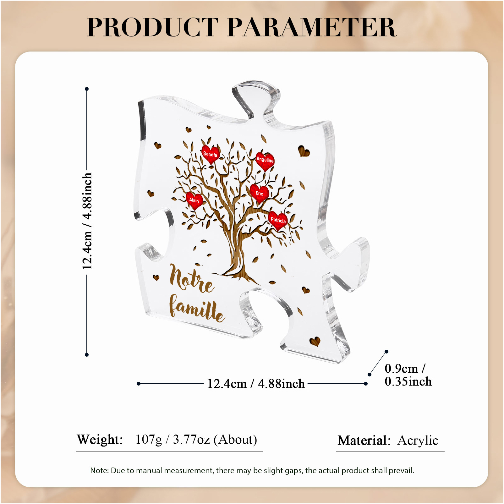 Plaque Acrylique en forme de Puzzle Arbre de Vie 5 Prénoms et Texte Personnalisés