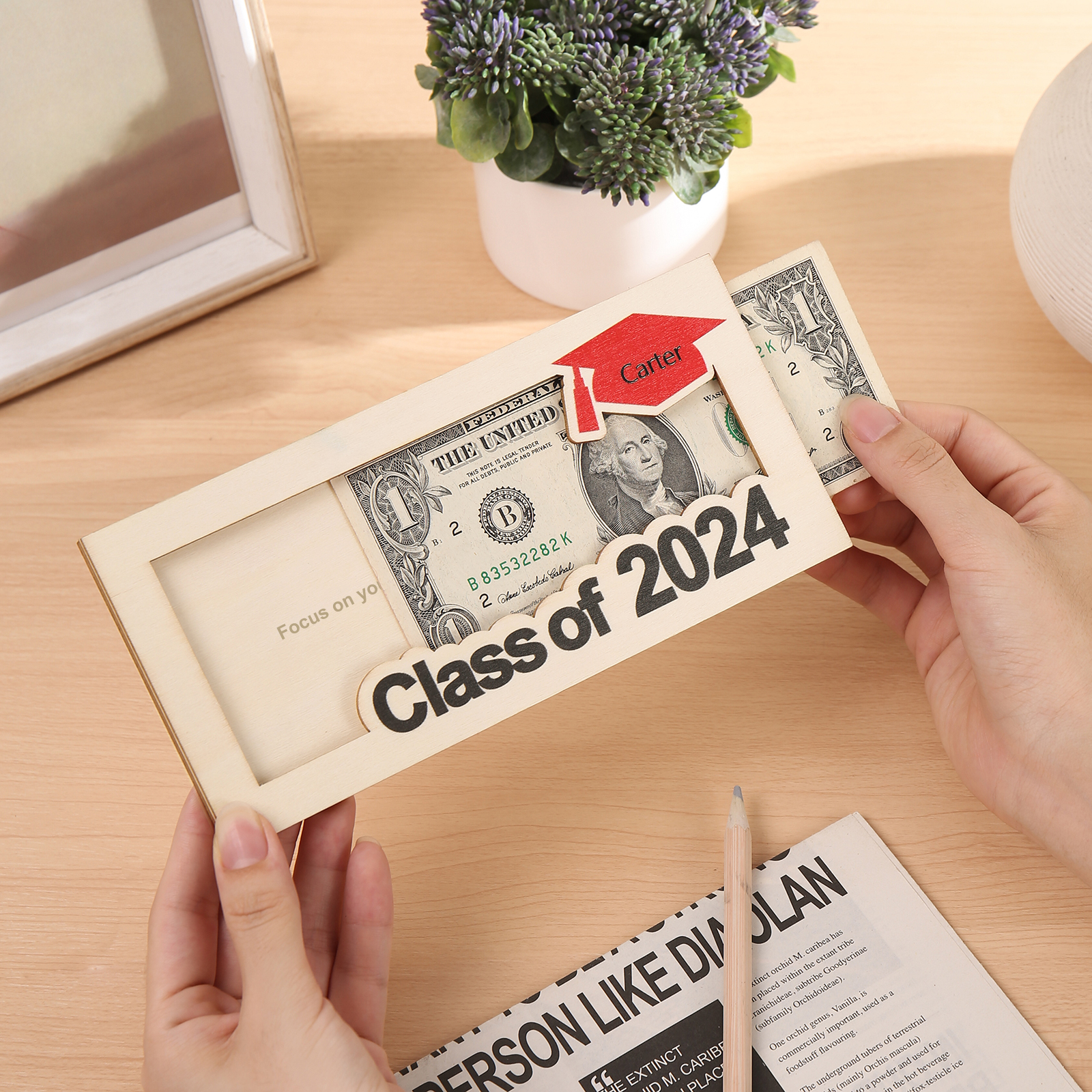 Porte-Cartes Diplômé en bois Prénom et Texte Personnalisés Cadeau de Graduation
