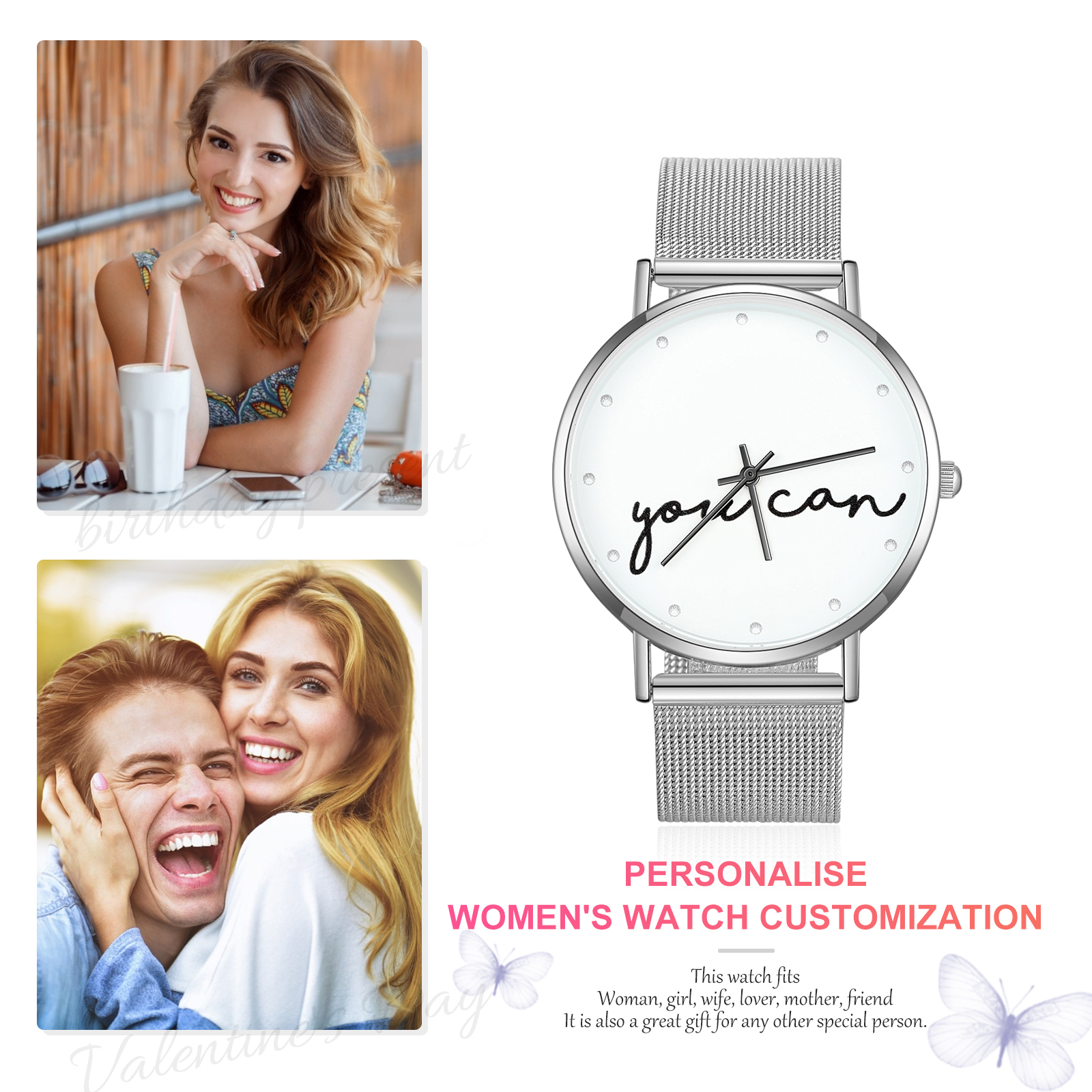 Montre Personnalisée Texte avec Gravure du prénom ou Message Bracelet en acier inoxydable