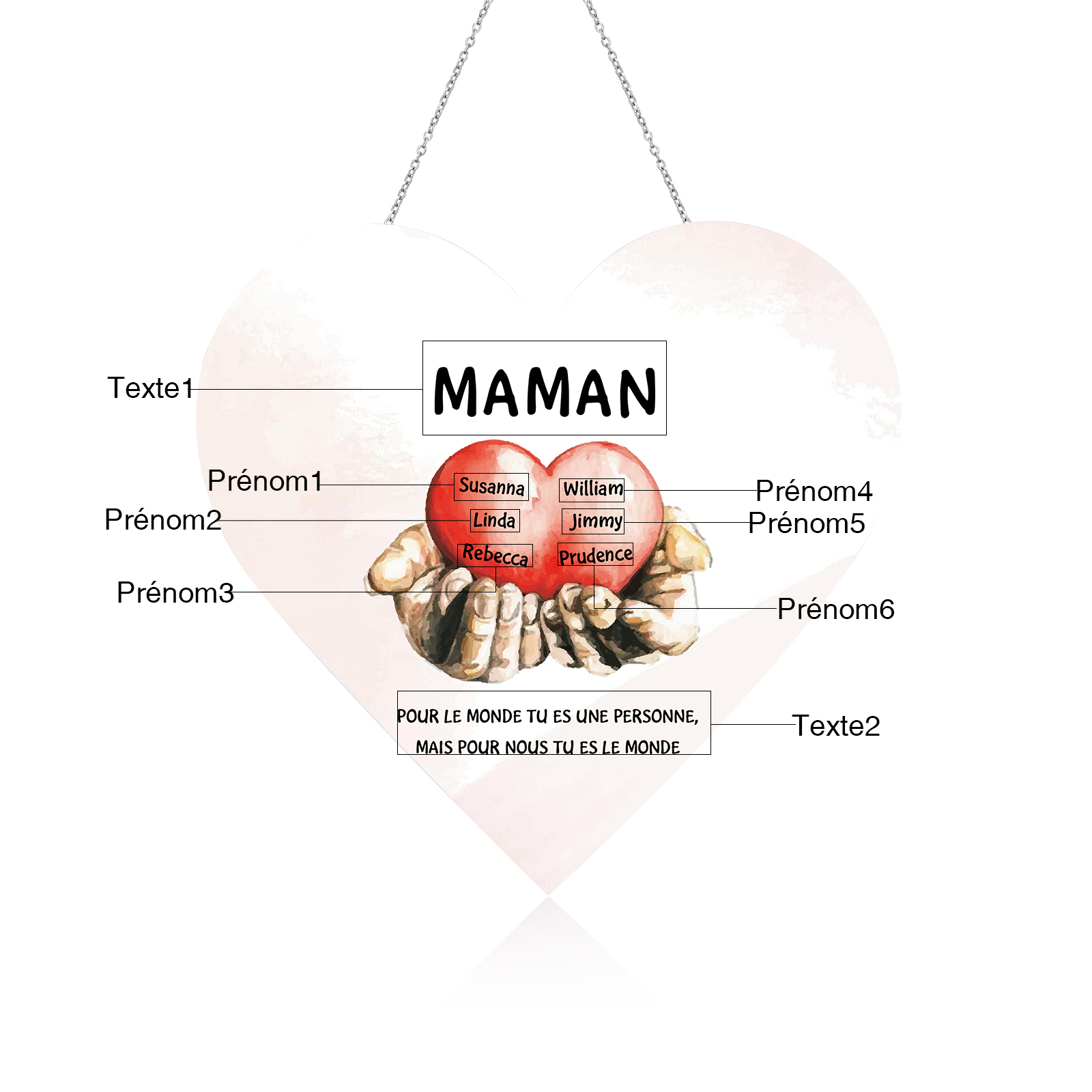 À Maman/Mamie - Veilleuse Cœur Décoration Mains et Cœur 6 Prénoms Personnalisés avec 2 Textes