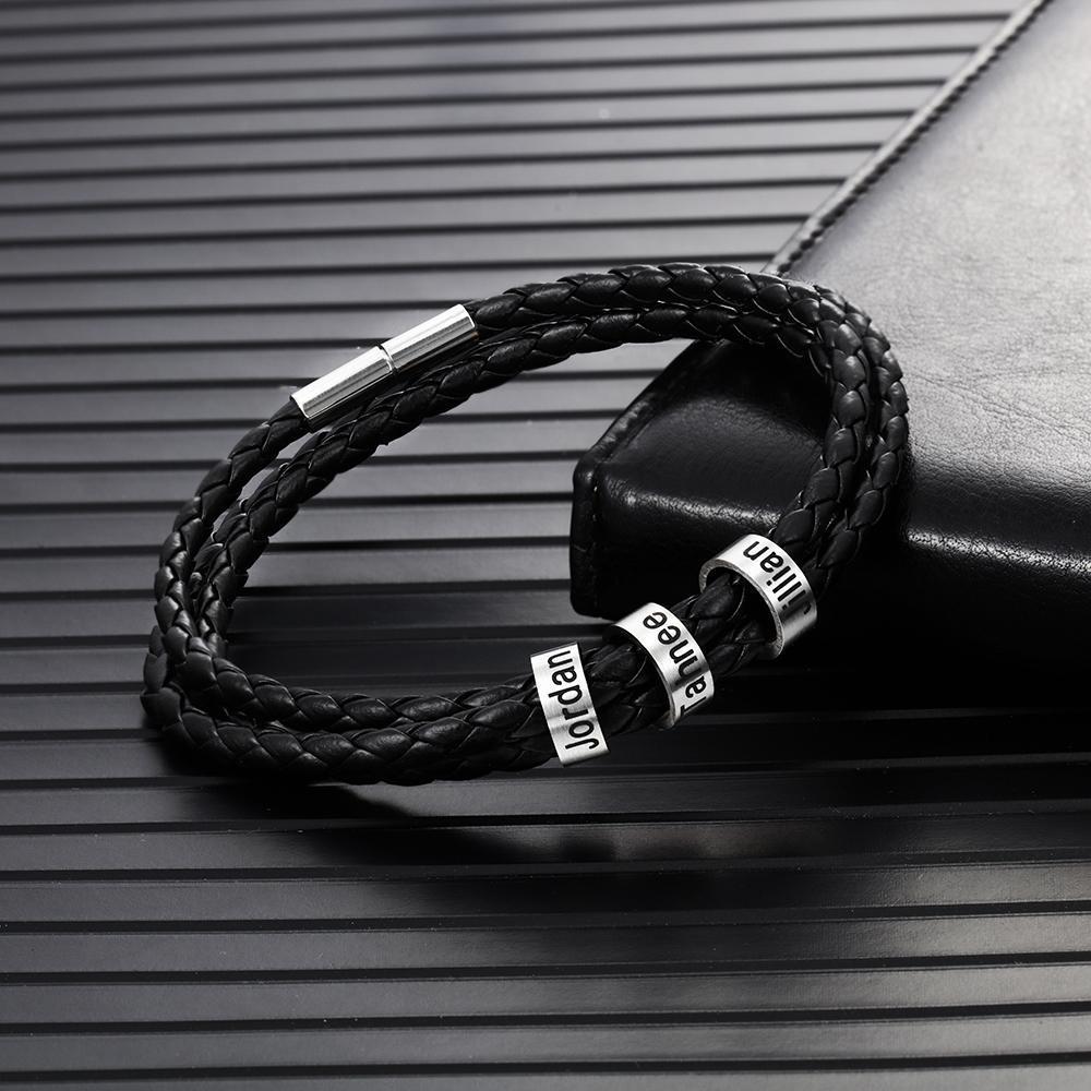 Bracelet Cuir tressé Prénom Personnalisé Cadeau papa Avec 3 Perles
