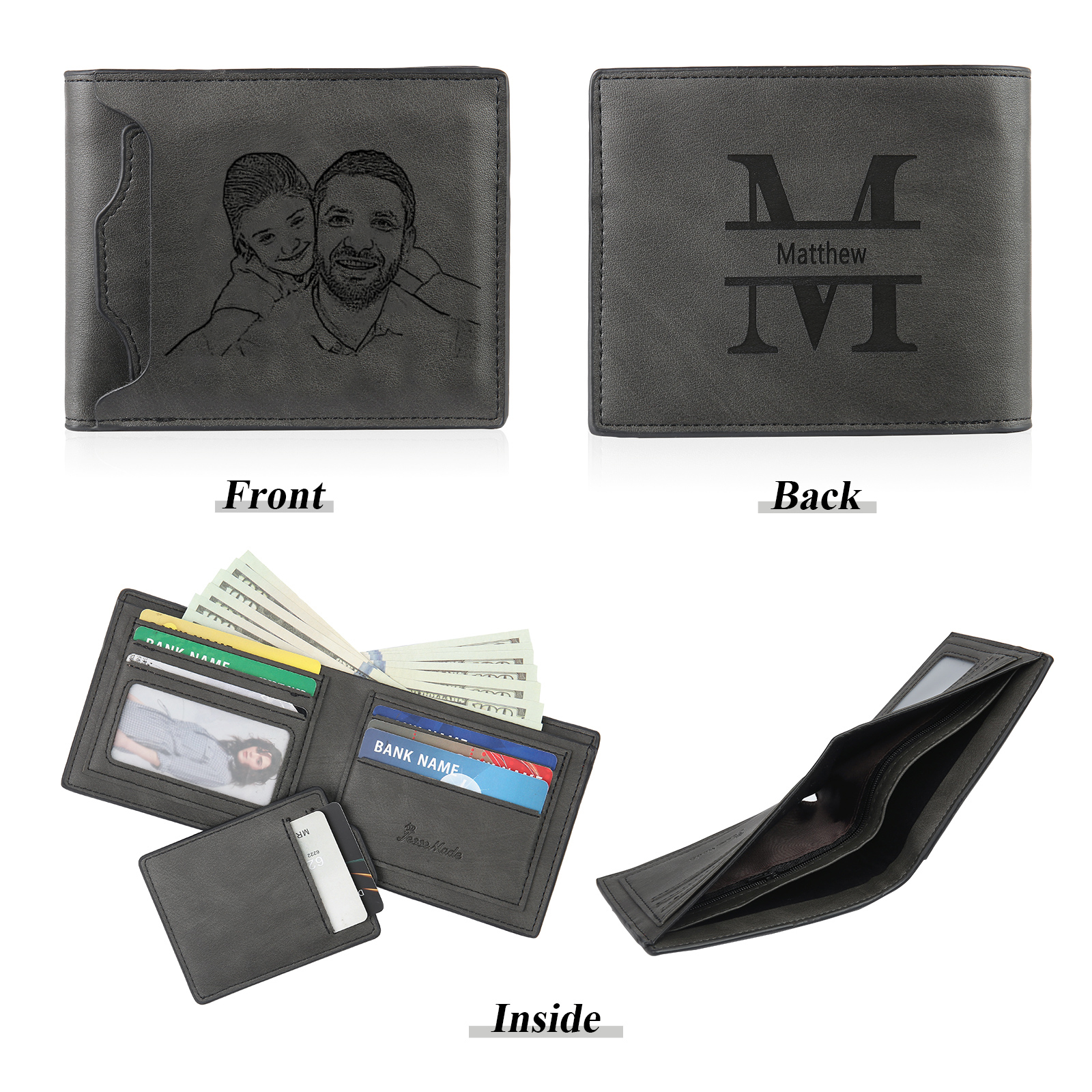 Coffret Cadeau 3PCS - Portefeuille classique Porte-Clés et Stylo 1 Prénom et Lettre Personnalisés avec 2 Textes et 2 Photos Coffret Cadeau pour Homme