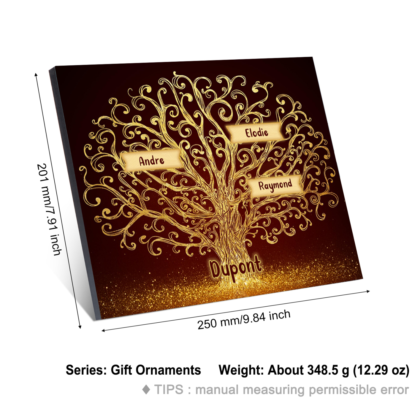 Cadre en Bois Arbre 3 Prénoms Personnalisés avec Texte Cadeau pour Famille