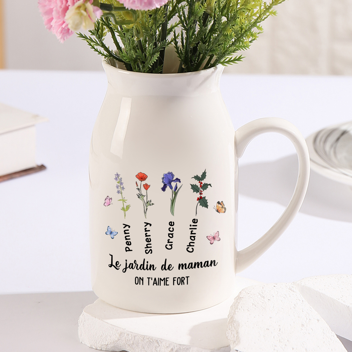 Vase à Fleurs Papillon 4 Prénoms et Fleurs de Naissance Personnalisés avec 2 Textes Décoration de la Maison