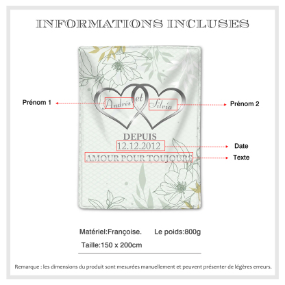 Couverture Plaids Polaire 2 Prénoms Personnalisés avec Date et Texte pour Couple | Jessemade