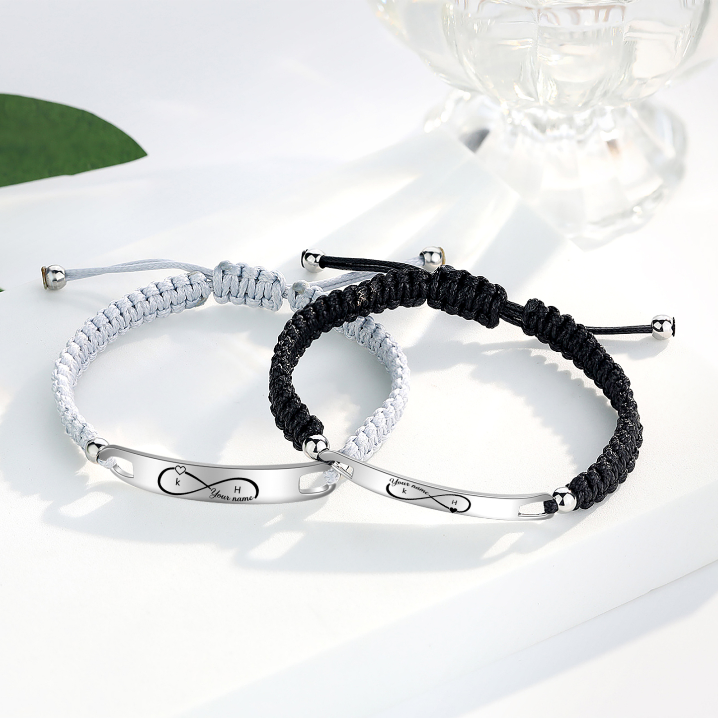 Bracelet couple 2PCS avec 2 Prénoms Personnalisé avec 2 lettres bracelet en commun Noeud Coulissant