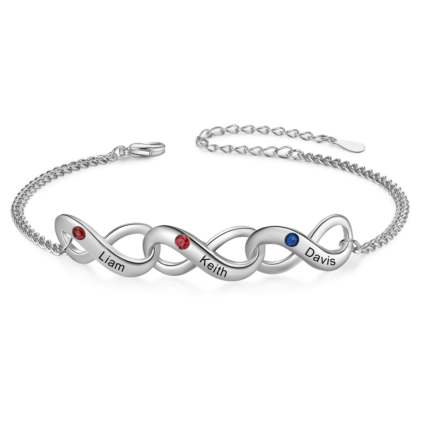 Bracelet Infini 3 Prénoms Personnalisés avec Pierres de Naissance pour Femme