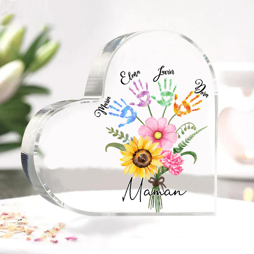 À ma Maman - Plaque Acrylique en Forme de Cœur fleurs 4 Prénoms Personnalisés