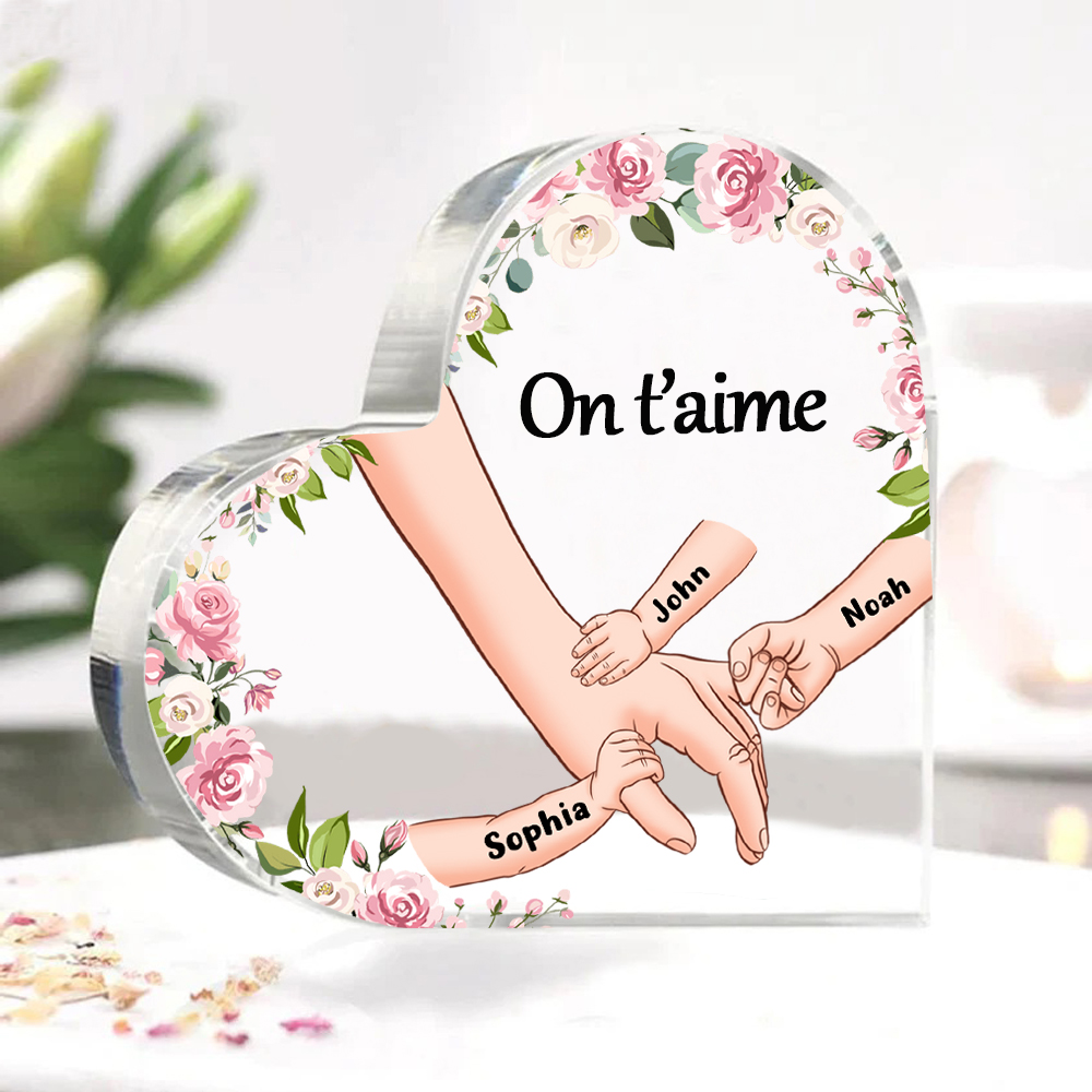 Plaque Acrylique en Forme de Cœur La Main Dans La Main 3 Prénoms Personnalisés avec Texte