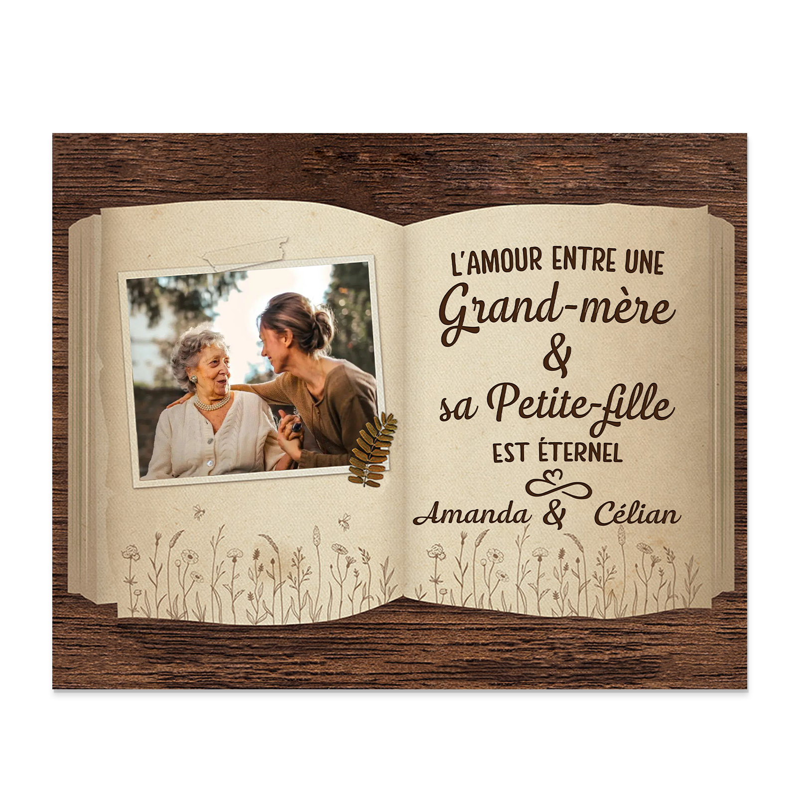 À ma Mamie - Cadre en Bois 2 Prénoms et 1 Photo Personnalisés Cadeau de Petite-fille pour Mamie