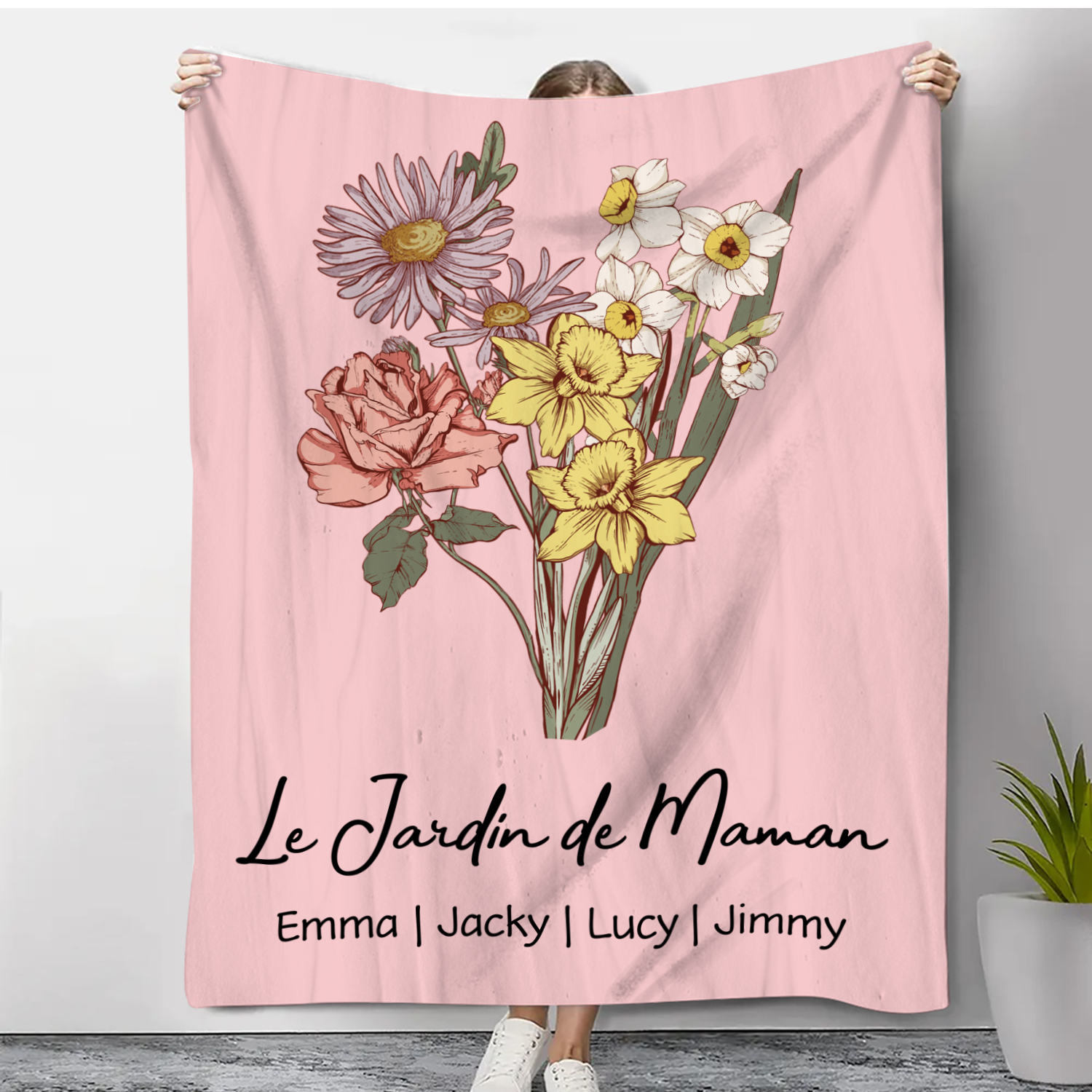 À ma Maman - Plaid Personnalisé avec 4 Prénoms et Fleurs de Naissance Couverture en Flanelle Blanc/Rose le jardin de Maman | Jessemade