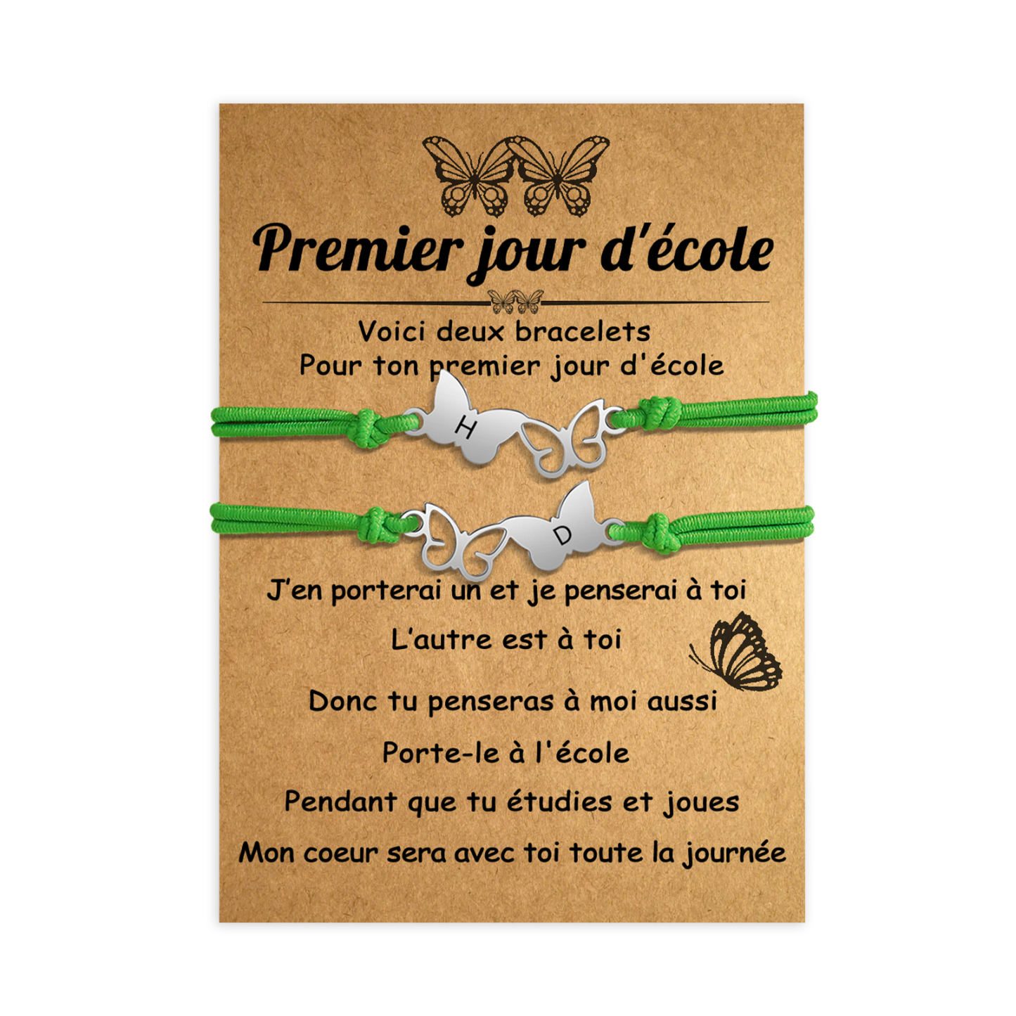 2PCS Bracelet Initiale Papillons 2 Lettres Personnalisées Corde élastiques Cadeau Rentrée Scolaire Premier jour d’école｜Jessemade